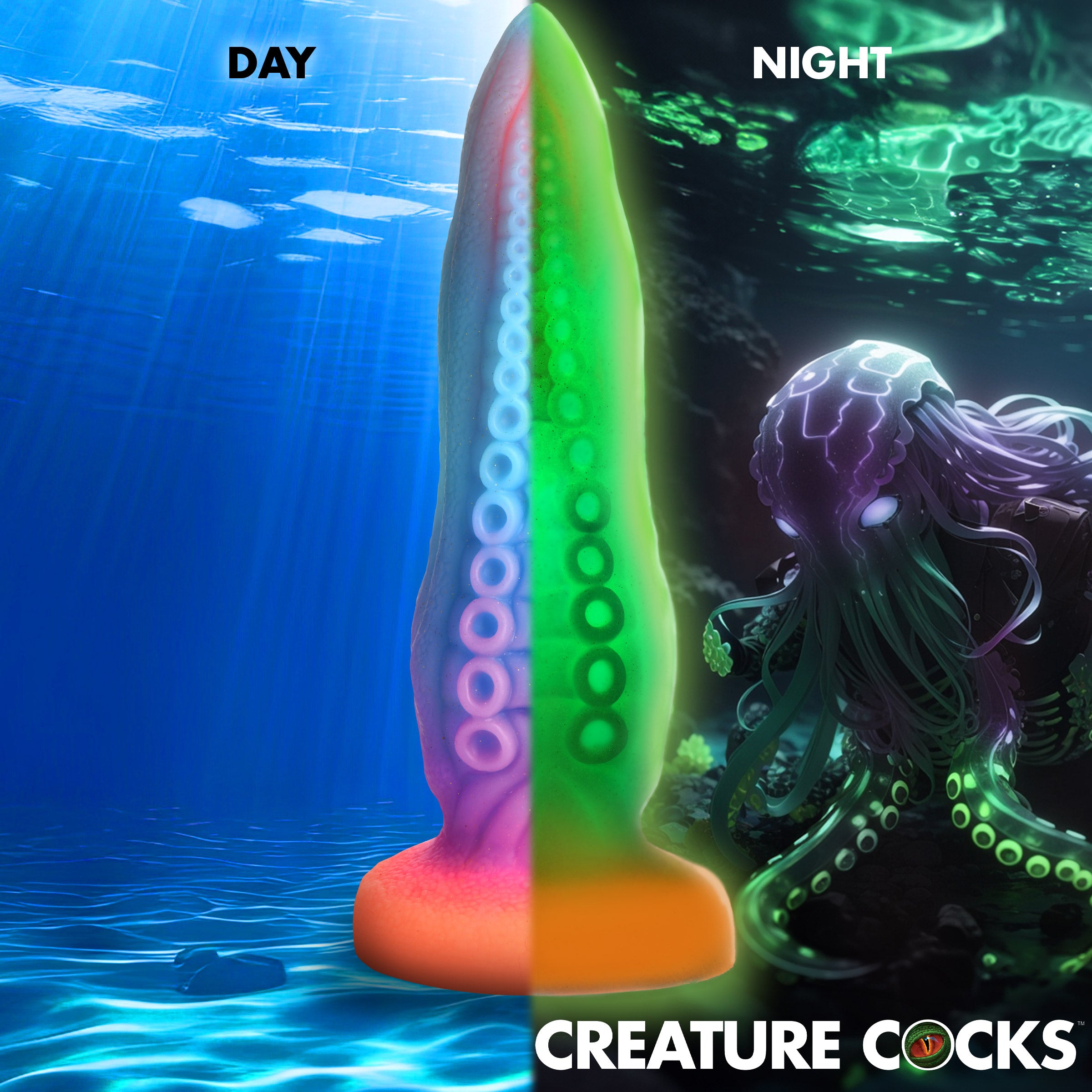 Tenta-Cock Glow-in-the-Dark Silicone Dildo featuring a tentacle design with suckers and ridges, glowing in vibrant colors.