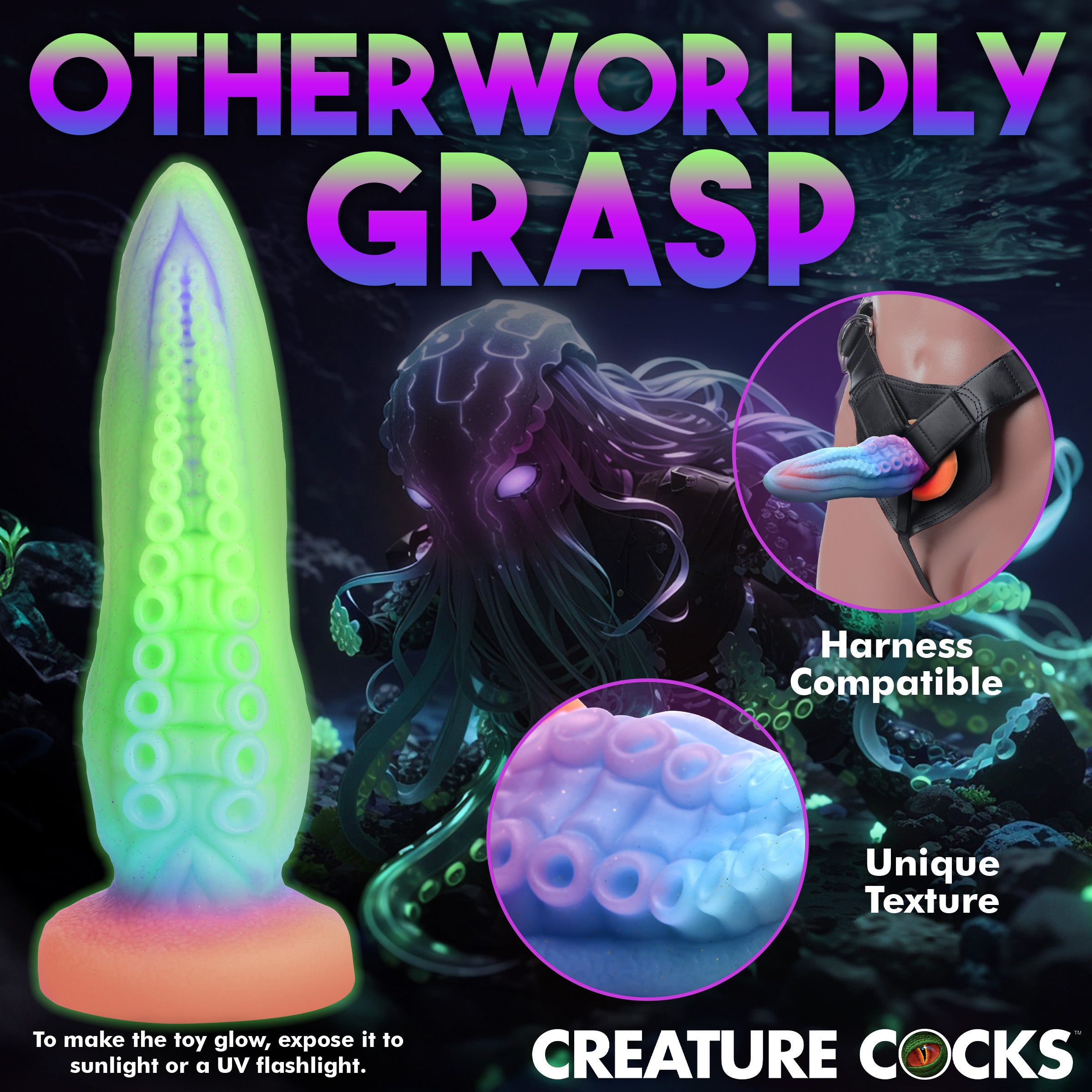 Tenta-Cock Glow-in-the-Dark Silicone Dildo featuring a tentacle design with suckers and ridges, glowing in vibrant colors.