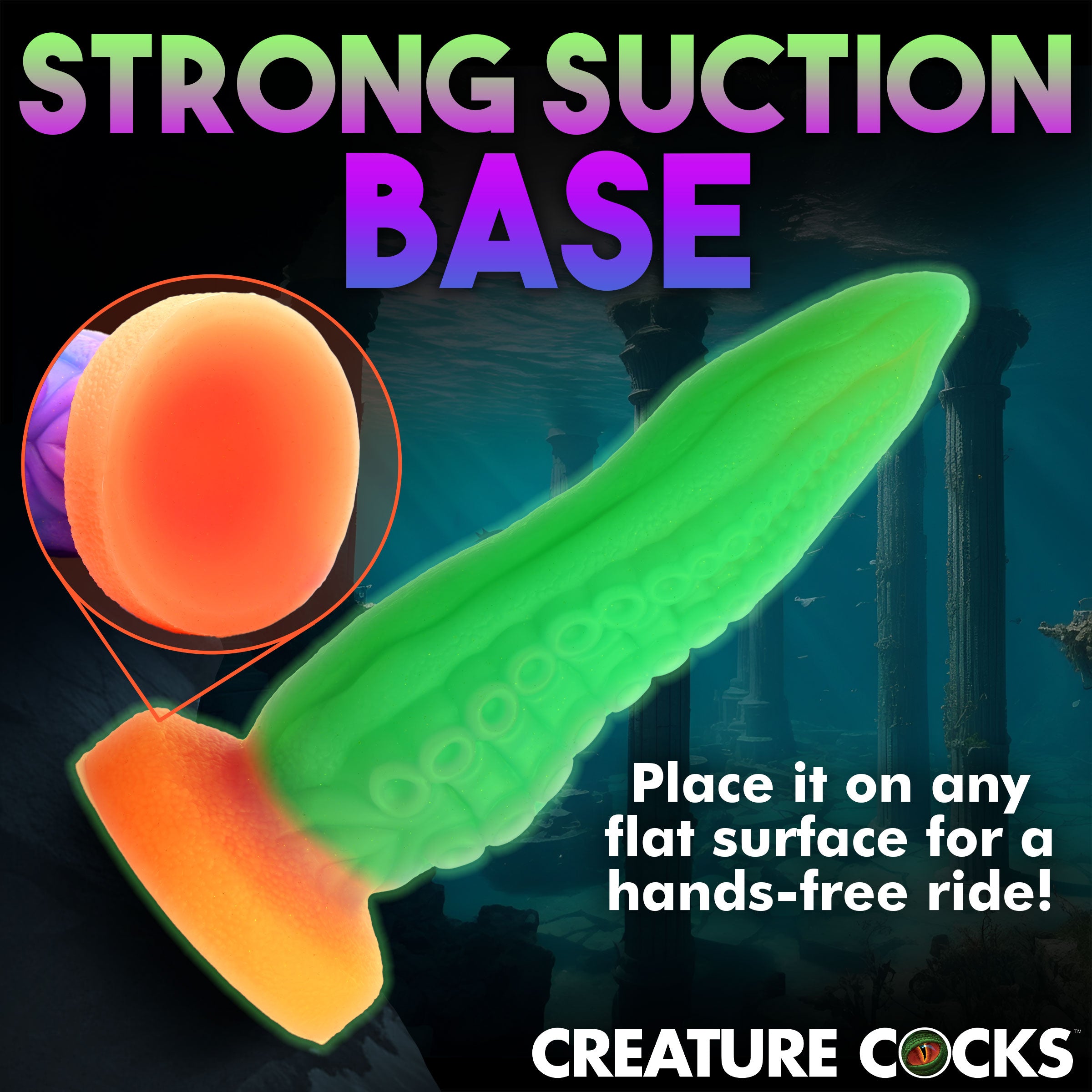 Tenta-Cock Glow-in-the-Dark Silicone Dildo featuring a tentacle design with suckers and ridges, glowing in vibrant colors.