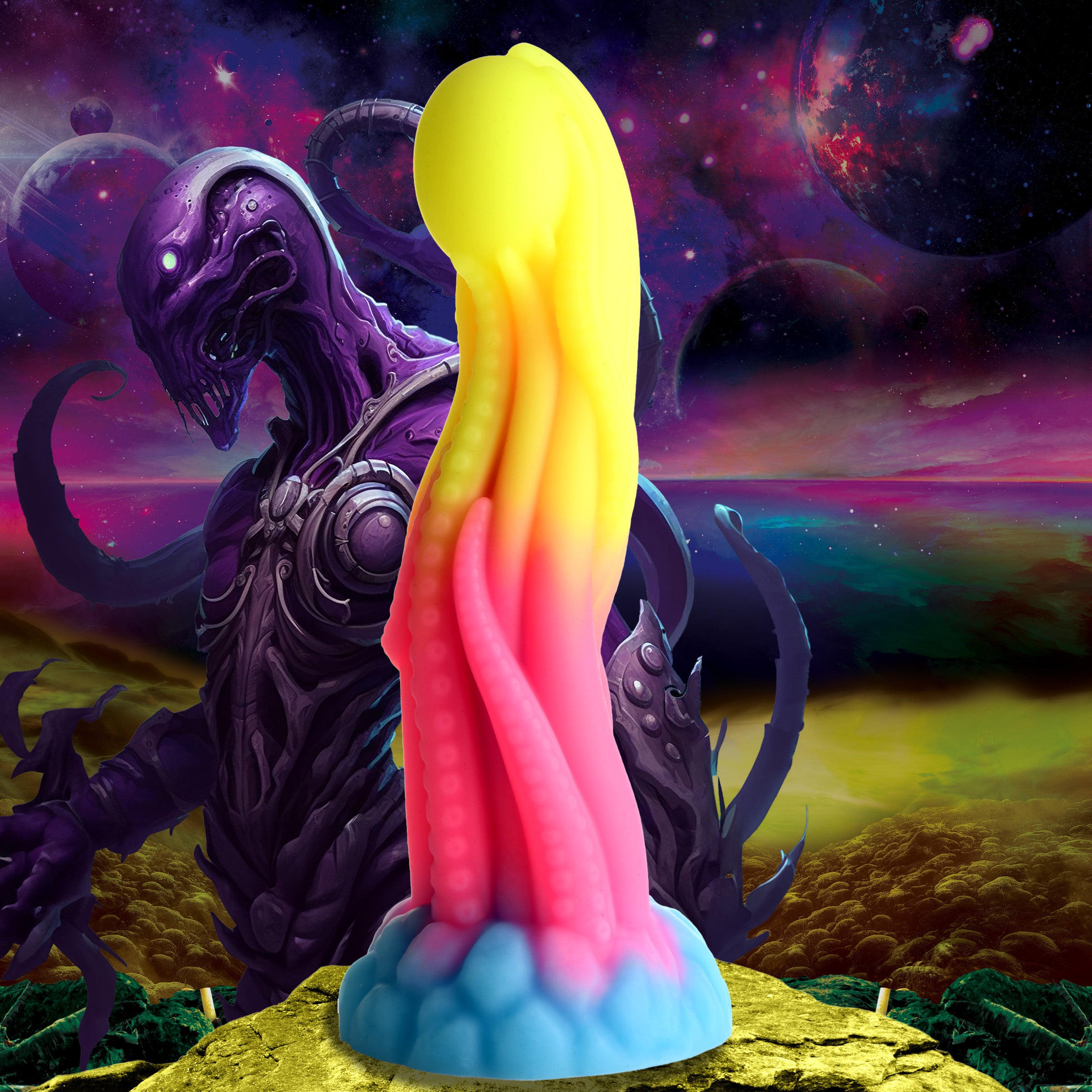 Tenta-Glow Glow-in-the-Dark Silicone Dildo with textured tentacles and round orb, glowing in neon colors.