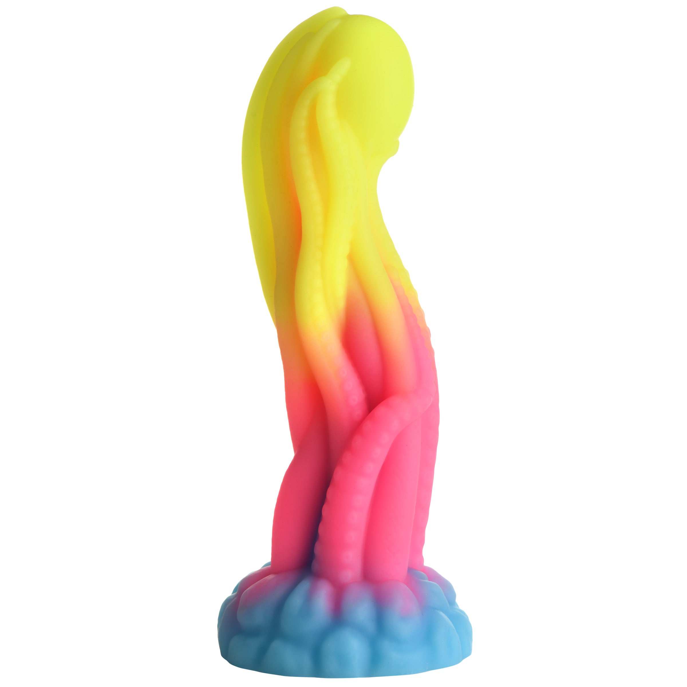 Tenta-Glow Glow-in-the-Dark Silicone Dildo with textured tentacles and round orb, glowing in neon colors.