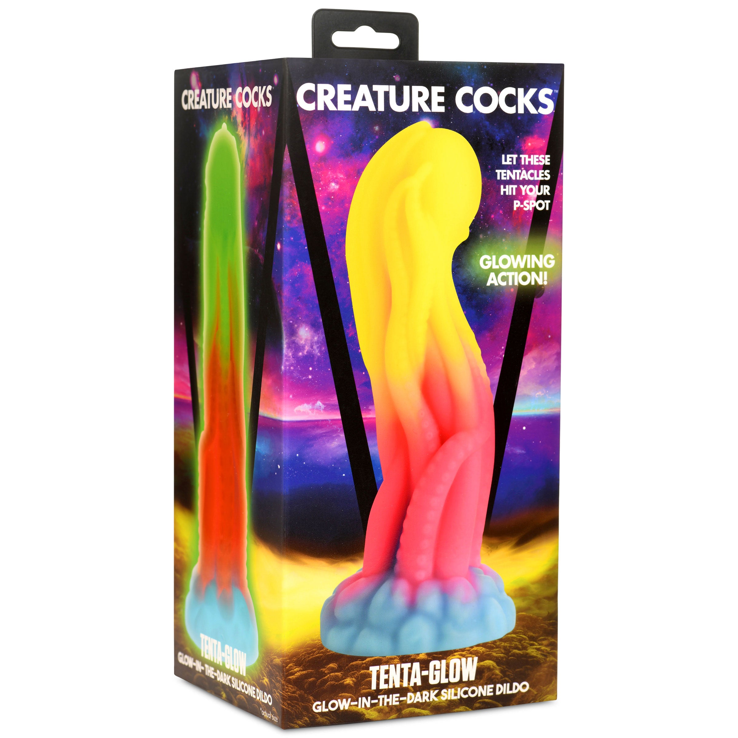 Tenta-Glow Glow-in-the-Dark Silicone Dildo with textured tentacles and round orb, glowing in neon colors.