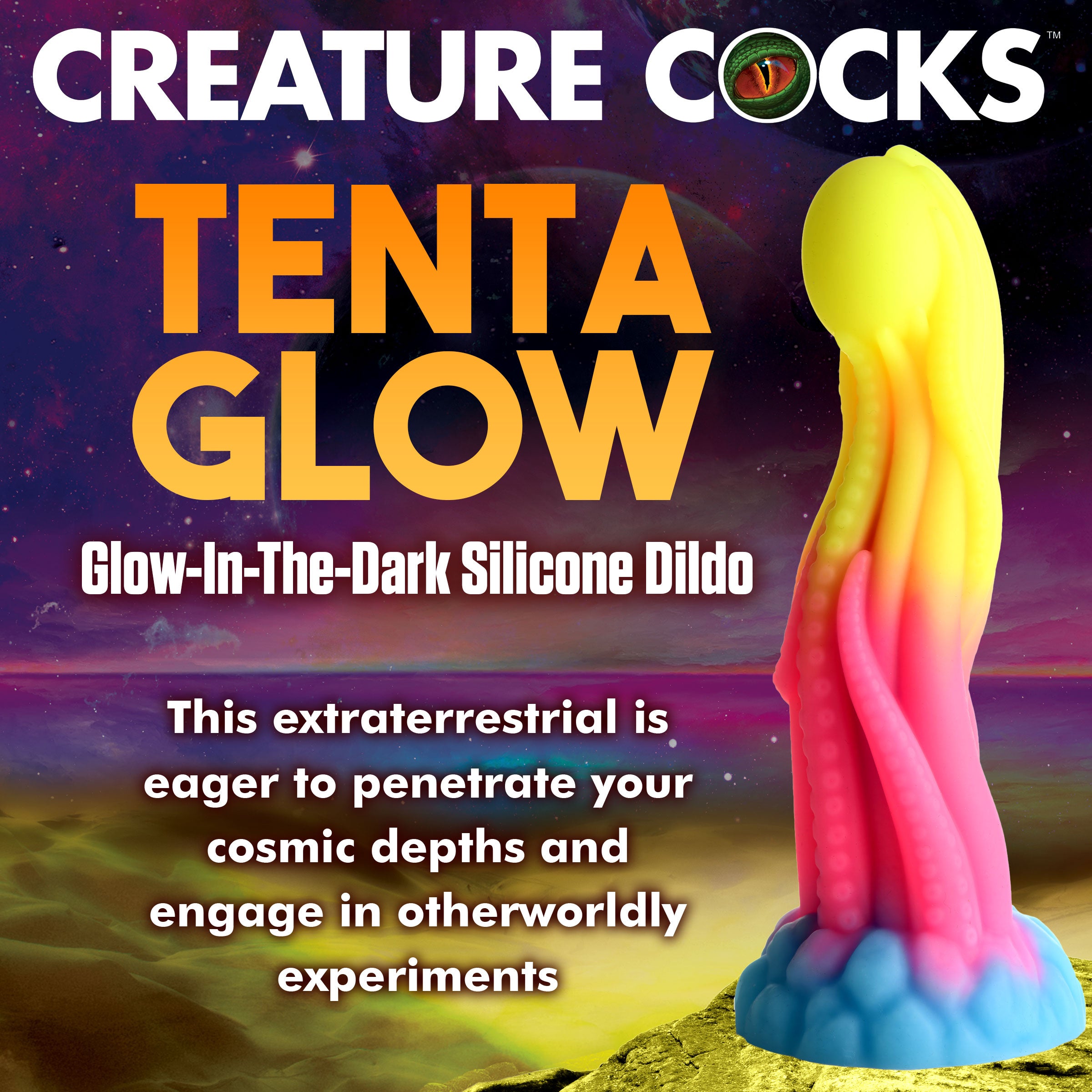 Tenta-Glow Glow-in-the-Dark Silicone Dildo with textured tentacles and round orb, glowing in neon colors.