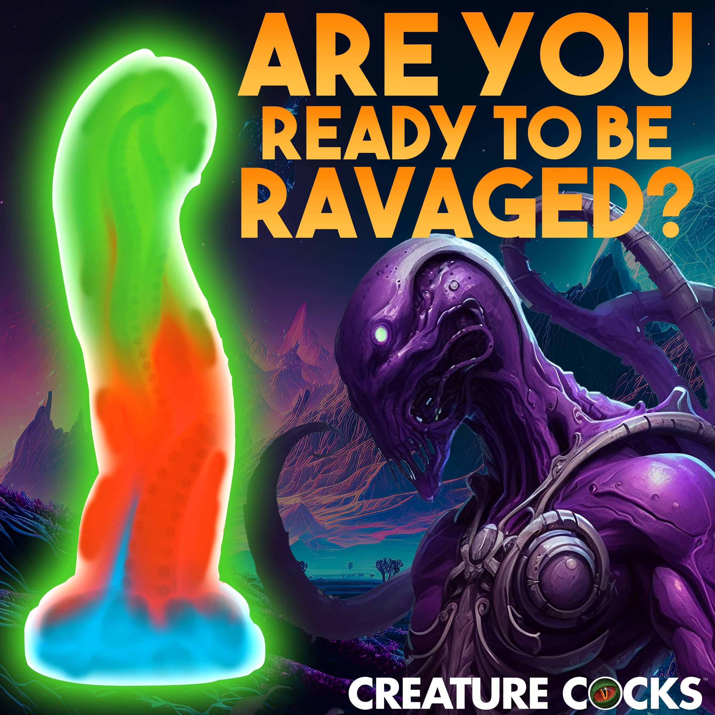 Tenta-Glow Glow-in-the-Dark Silicone Dildo with textured tentacles and round orb, glowing in neon colors.