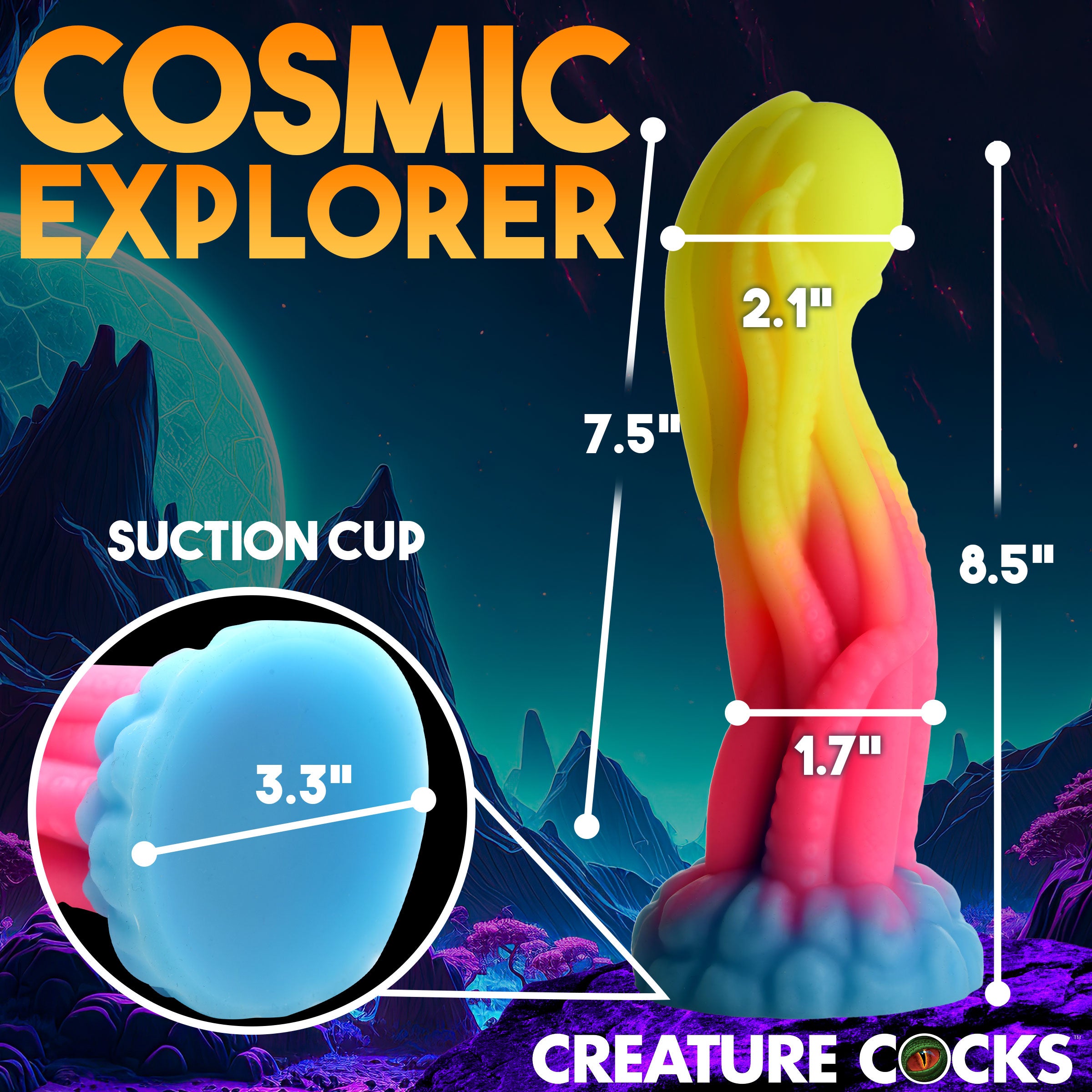 Tenta-Glow Glow-in-the-Dark Silicone Dildo with textured tentacles and round orb, glowing in neon colors.