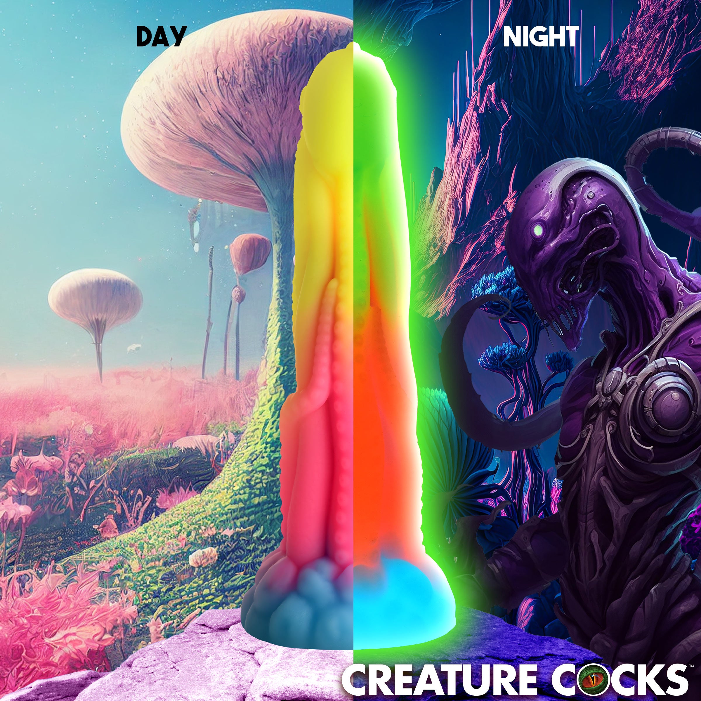 Tenta-Glow Glow-in-the-Dark Silicone Dildo with textured tentacles and round orb, glowing in neon colors.