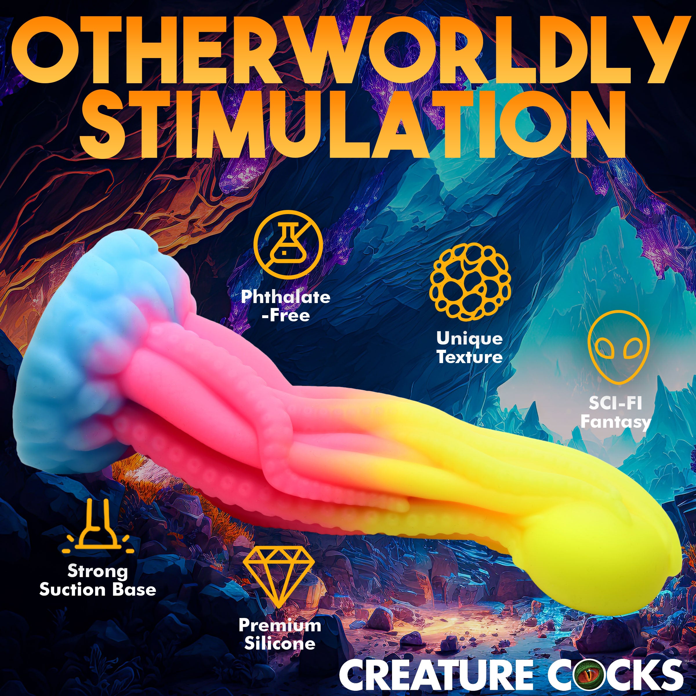 Tenta-Glow Glow-in-the-Dark Silicone Dildo with textured tentacles and round orb, glowing in neon colors.