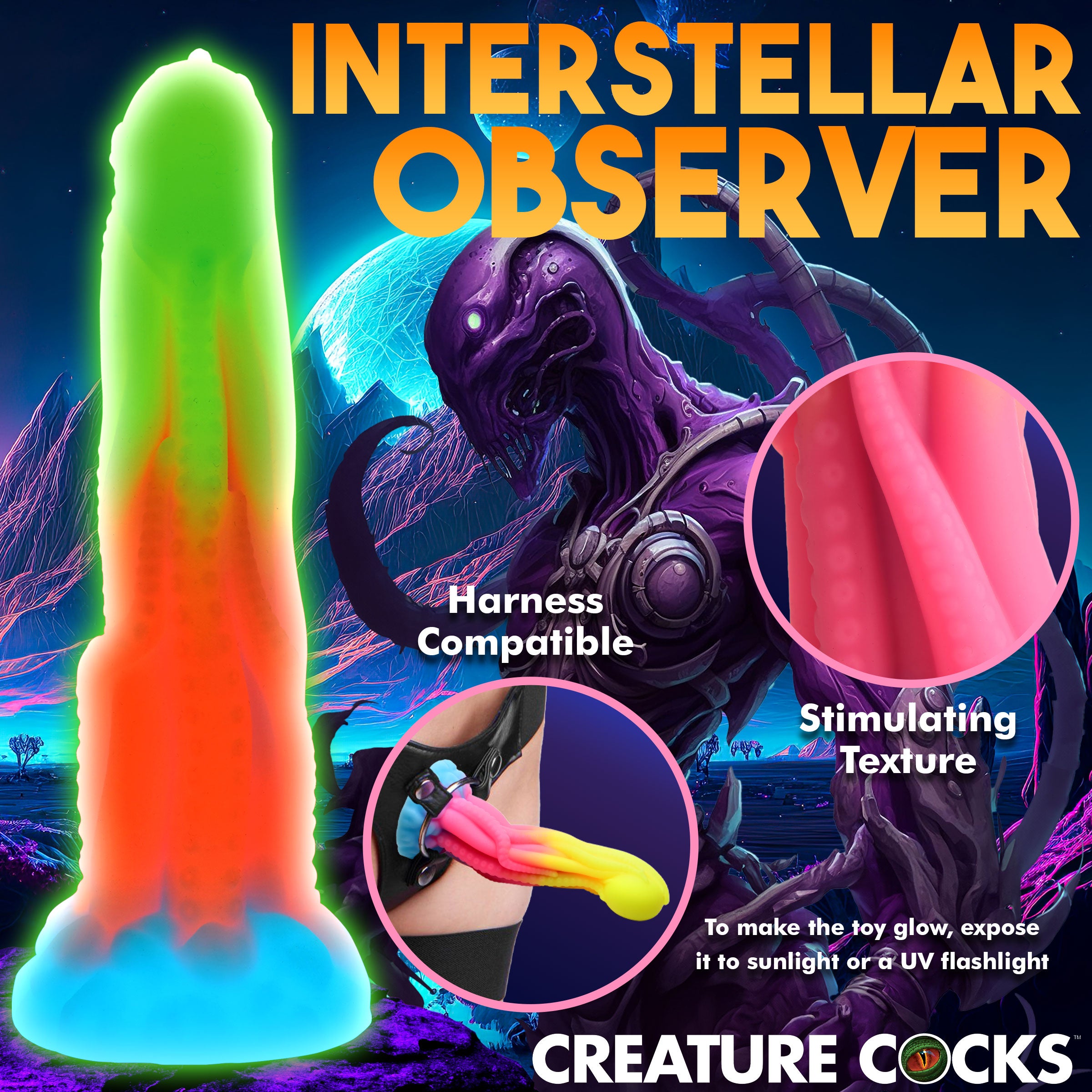 Tenta-Glow Glow-in-the-Dark Silicone Dildo with textured tentacles and round orb, glowing in neon colors.