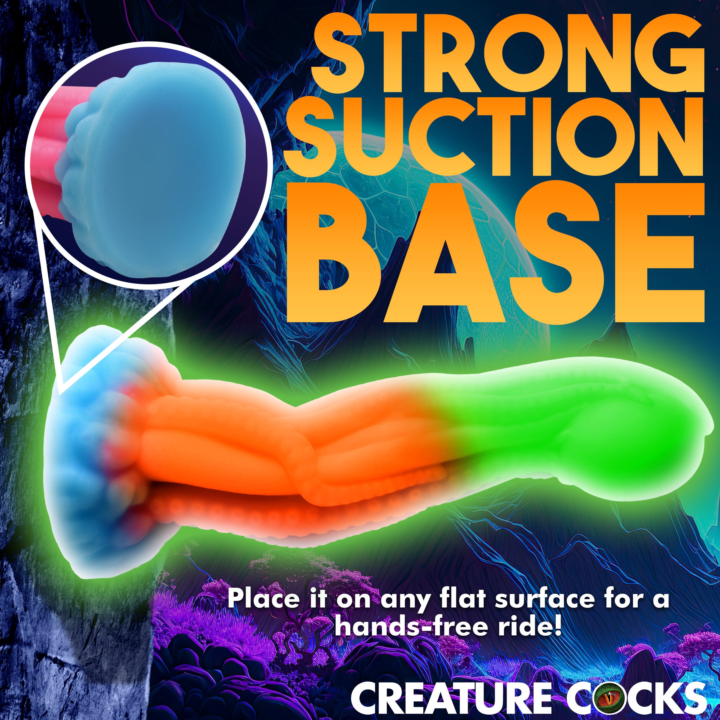 Tenta-Glow Glow-in-the-Dark Silicone Dildo with textured tentacles and round orb, glowing in neon colors.