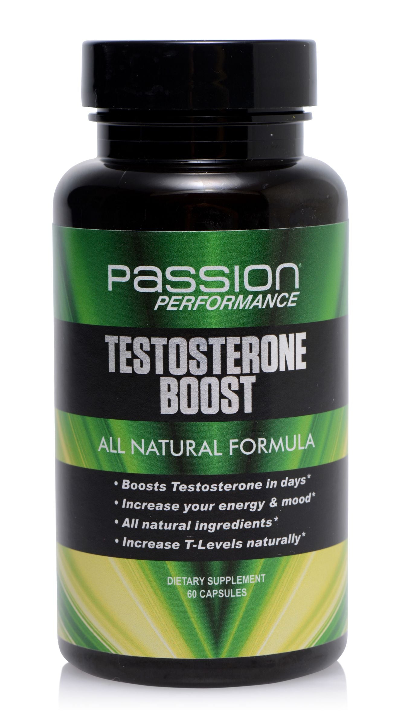 Passion Performance Testosterone Boost dietary supplement capsules in a brown bottle, showcasing the product's natural ingredients and packaging.