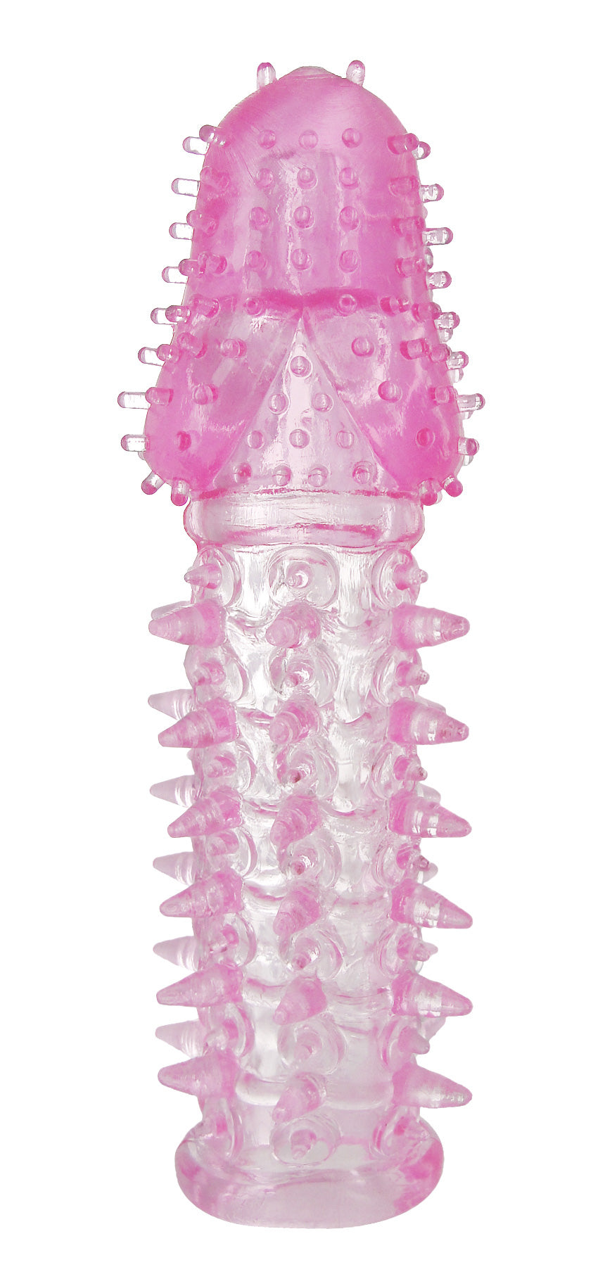 Textured Penis Extender and Vibe Sleeve in pink, showcasing its raised jelly ticklers and overall design for enhanced pleasure.