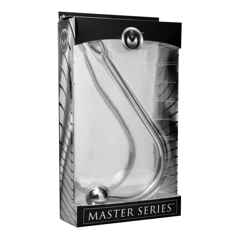 Stainless steel anal hook from Master Series with a ball end and open ring for bondage play.