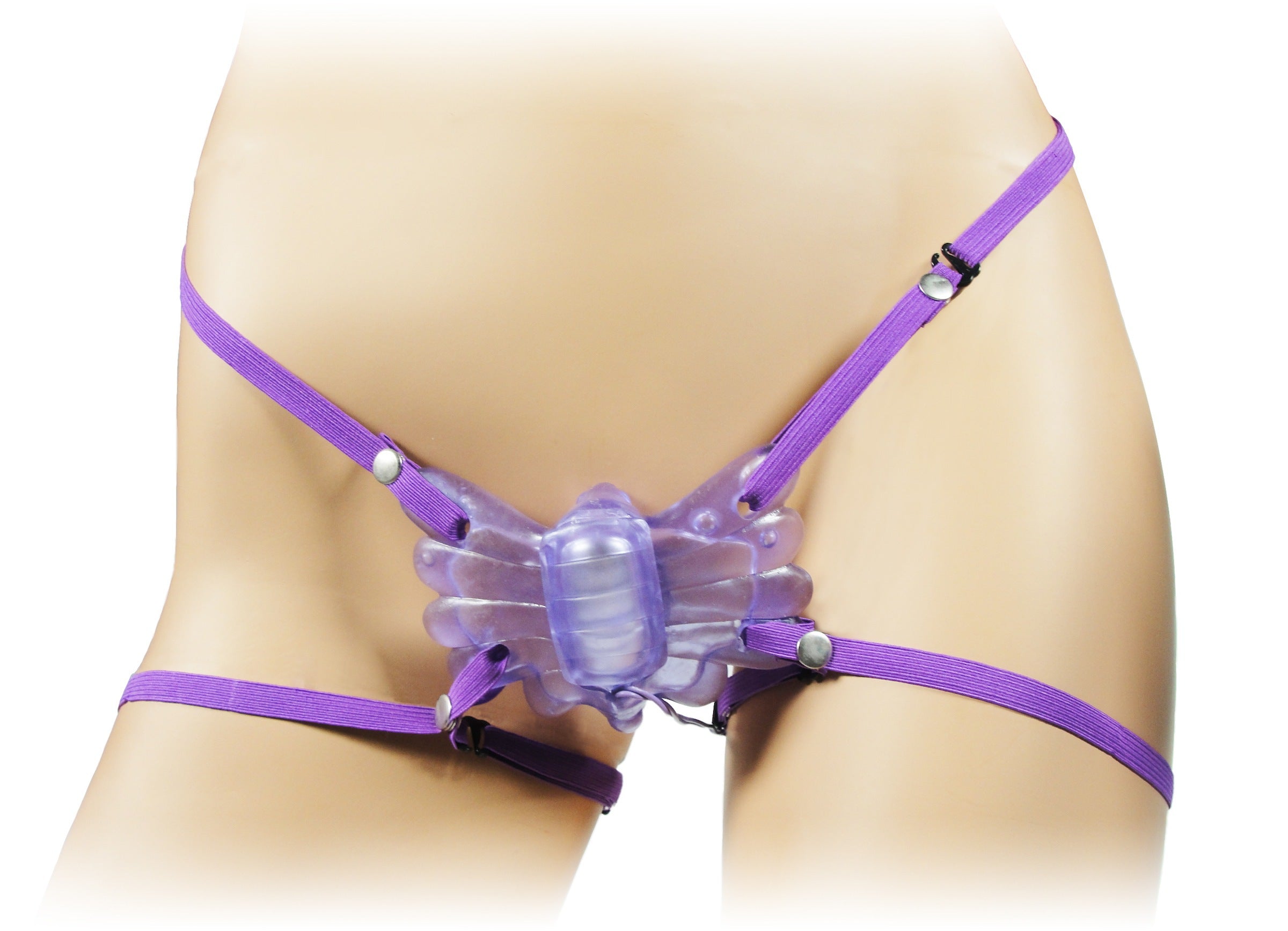 The Butterfly Bliss Variable Speed Stimulator featuring adjustable straps and raised pleasure nubs in a vibrant purple color.