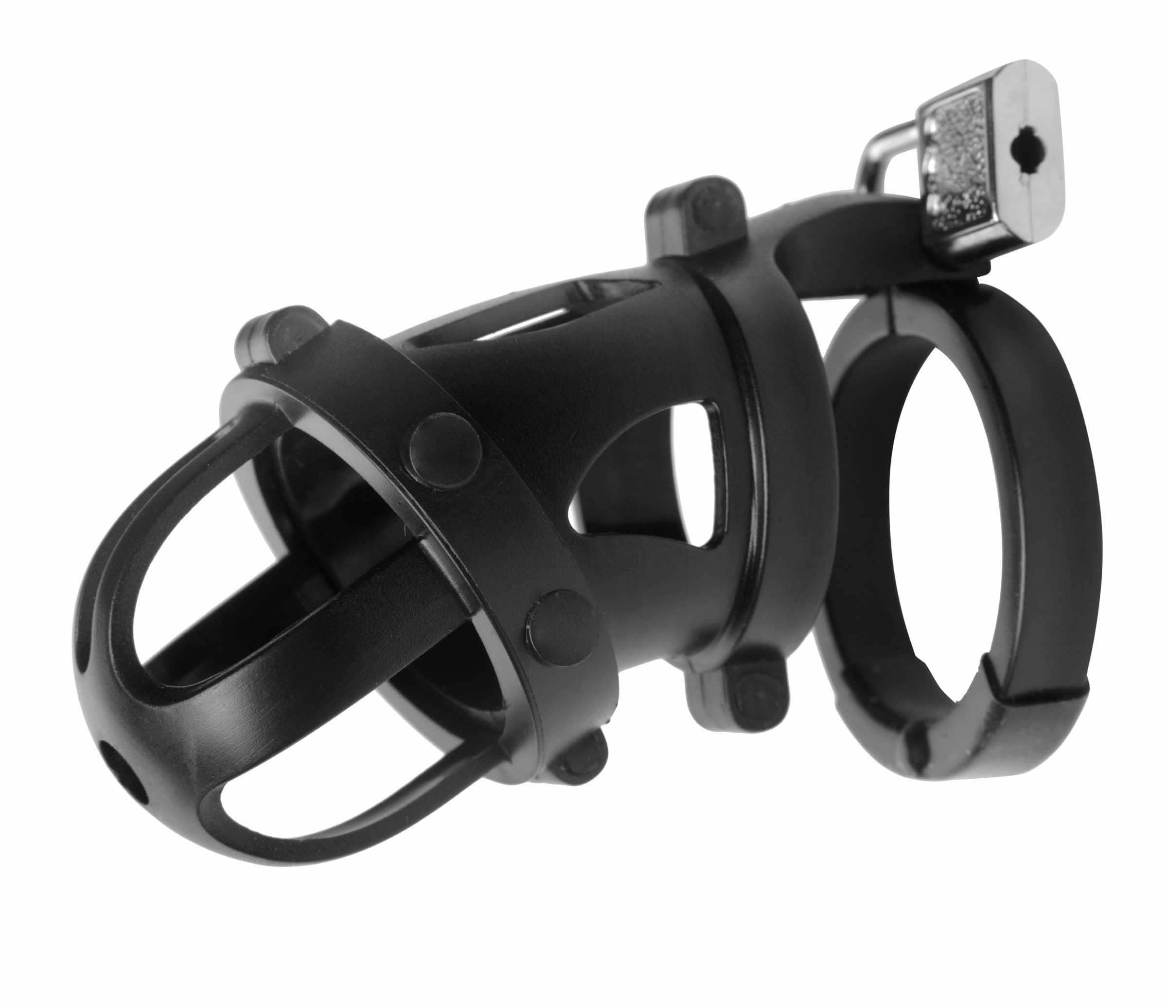 The Chamber Locking Chastity Device featuring a cock cage and adjustable rings in black ABS plastic.