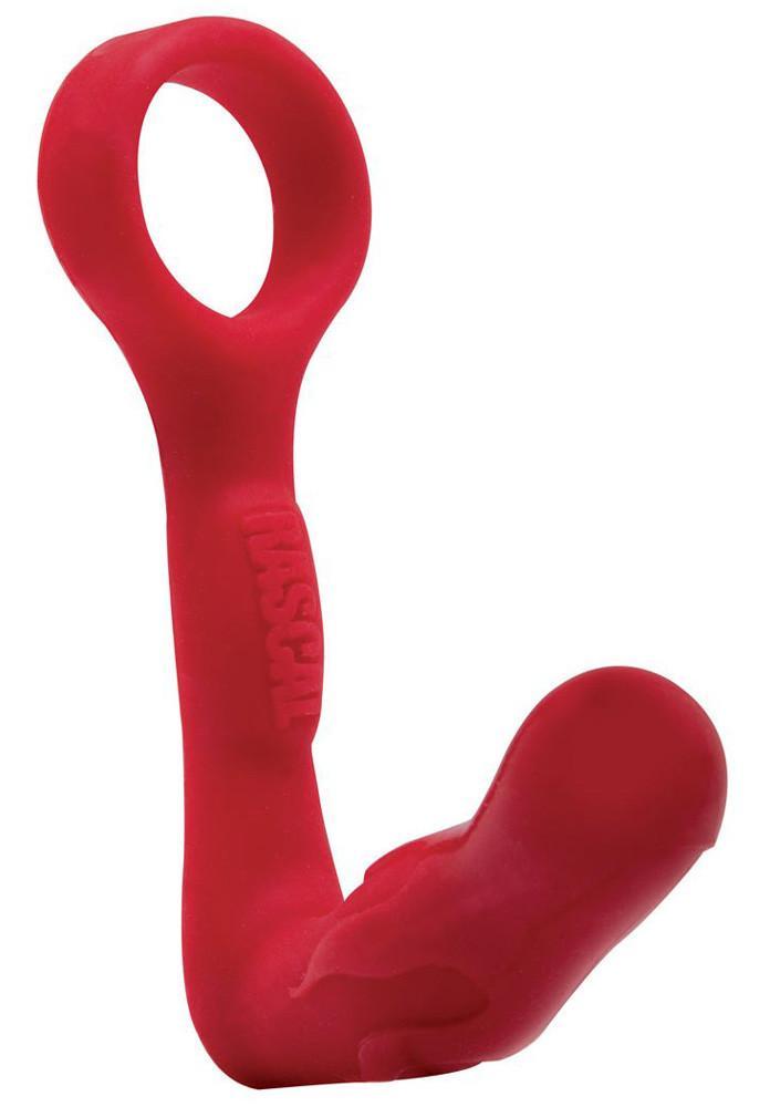 The Clencher Red Poly, a stretchable cock ring with an attached gradually angled butt plug, made from body-safe PVC, designed for comfort and pleasure.