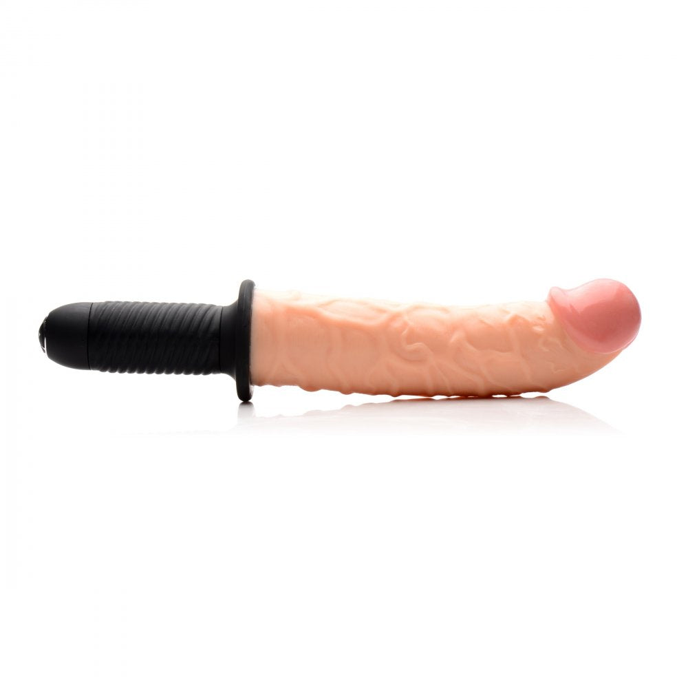 Curved Dicktator 13 Mode Vibrating Giant Dildo Thruster in light color with realistic veiny texture.