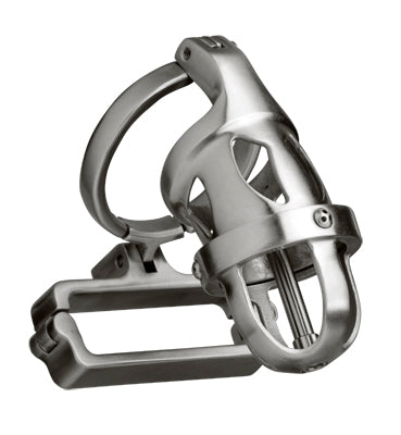 The Deluxe Extreme Chastity Cage made of brushed steel with accessories including a ball restraint, anal plug, and urethral sound.