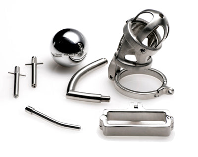 The Deluxe Extreme Chastity Cage made of brushed steel with accessories including a ball restraint, anal plug, and urethral sound.