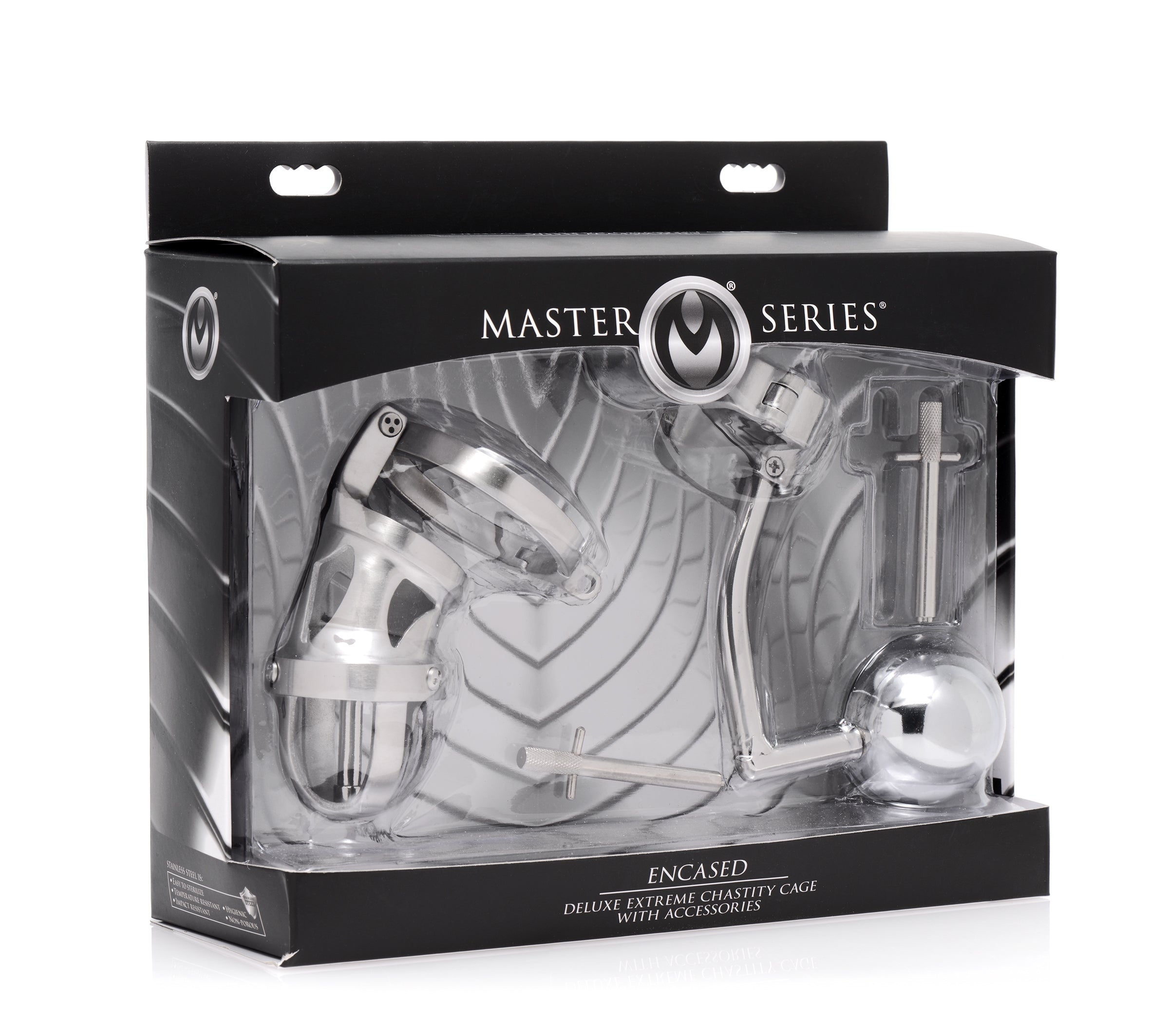 The Deluxe Extreme Chastity Cage made of brushed steel with accessories including a ball restraint, anal plug, and urethral sound.