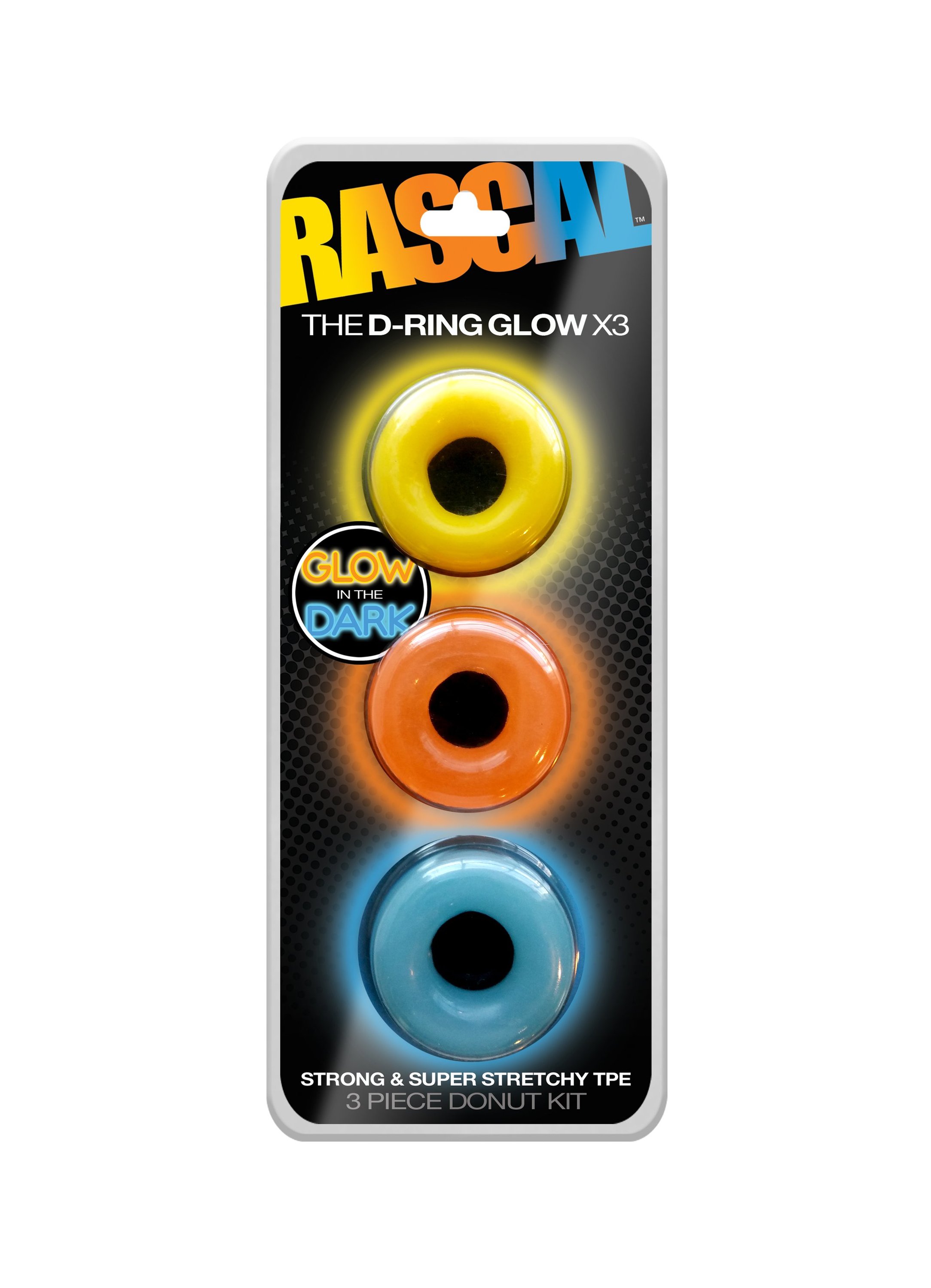 The D-Ring Glow X3 set featuring three colorful glow-in-the-dark rings in blue, orange, and yellow, designed for enhanced pleasure and support.