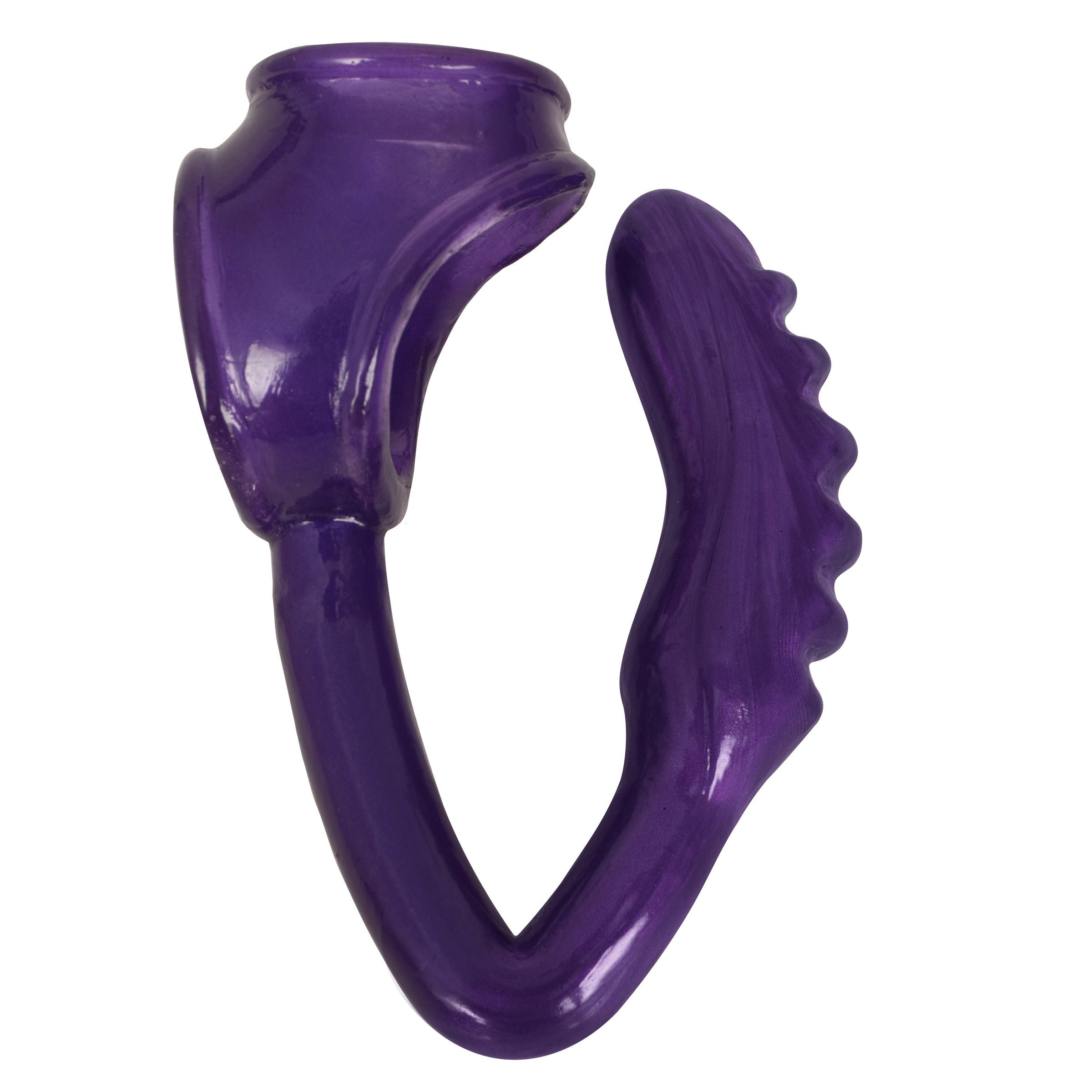 The Duke Cock and Ball Ring with Anal Plug in purple, featuring a curved design and bold spine for enhanced stimulation.