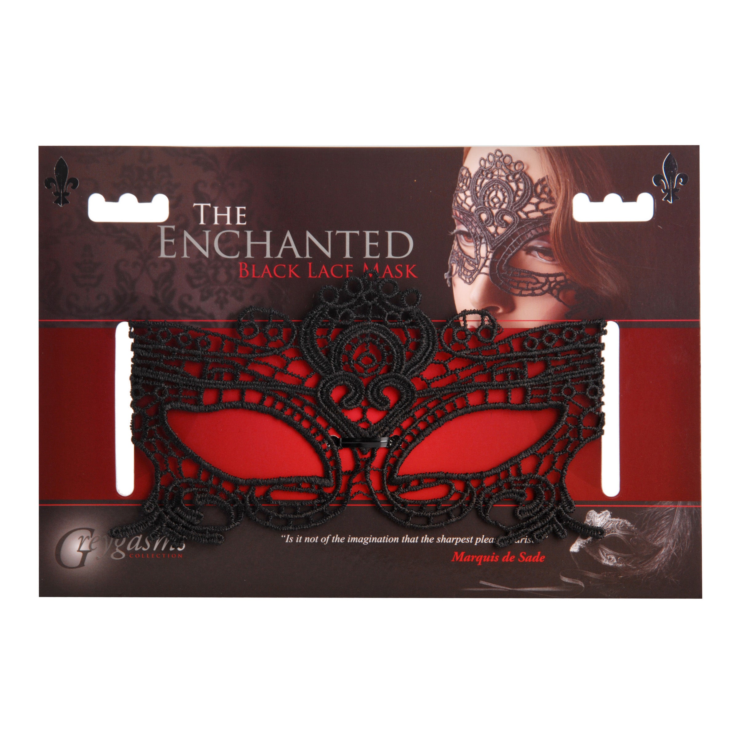 The Enchanted Black Lace Mask showcasing intricate lace details and open eye design, secured with delicate lace ties.