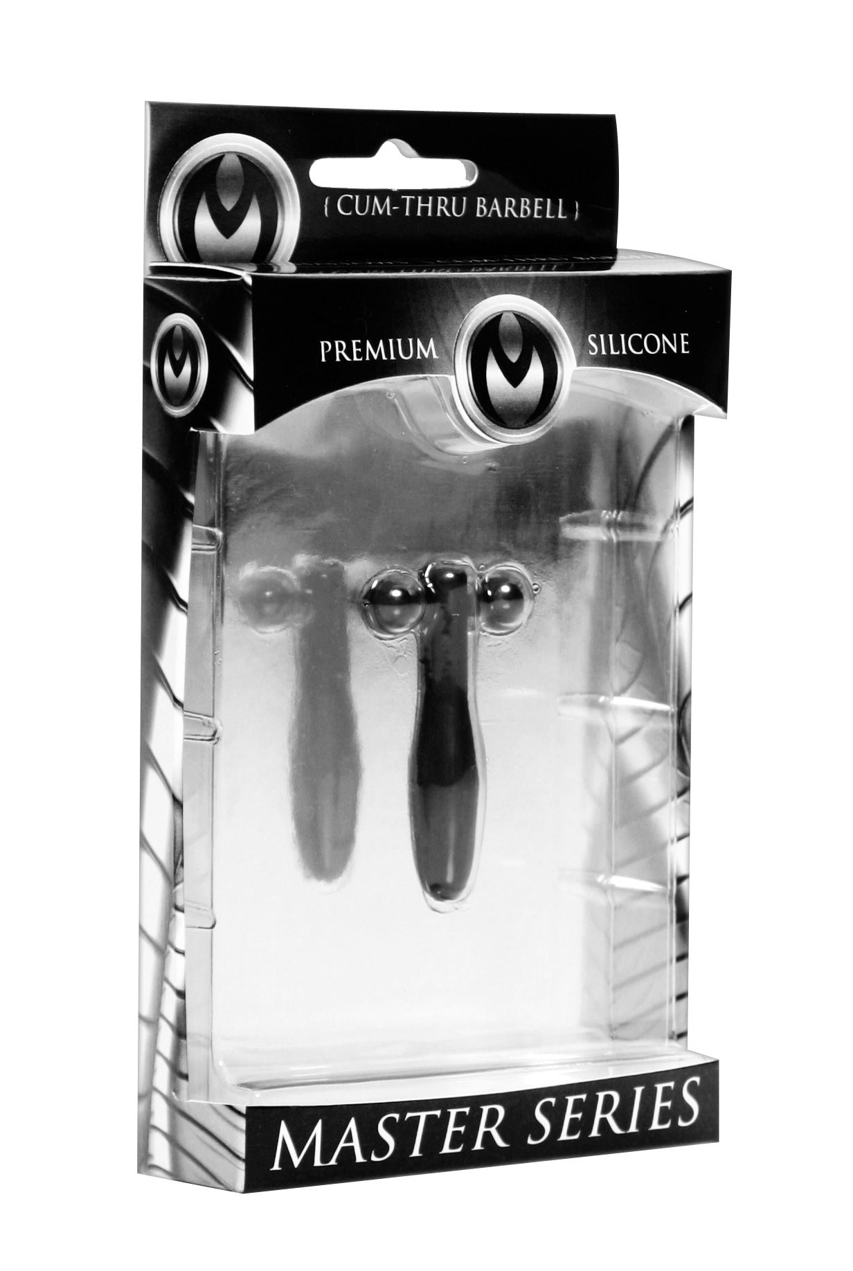 The Hallows Silicone Cum-Thru Barbell Penis Plug in black silicone, featuring twin barbells for easy insertion and retrieval.