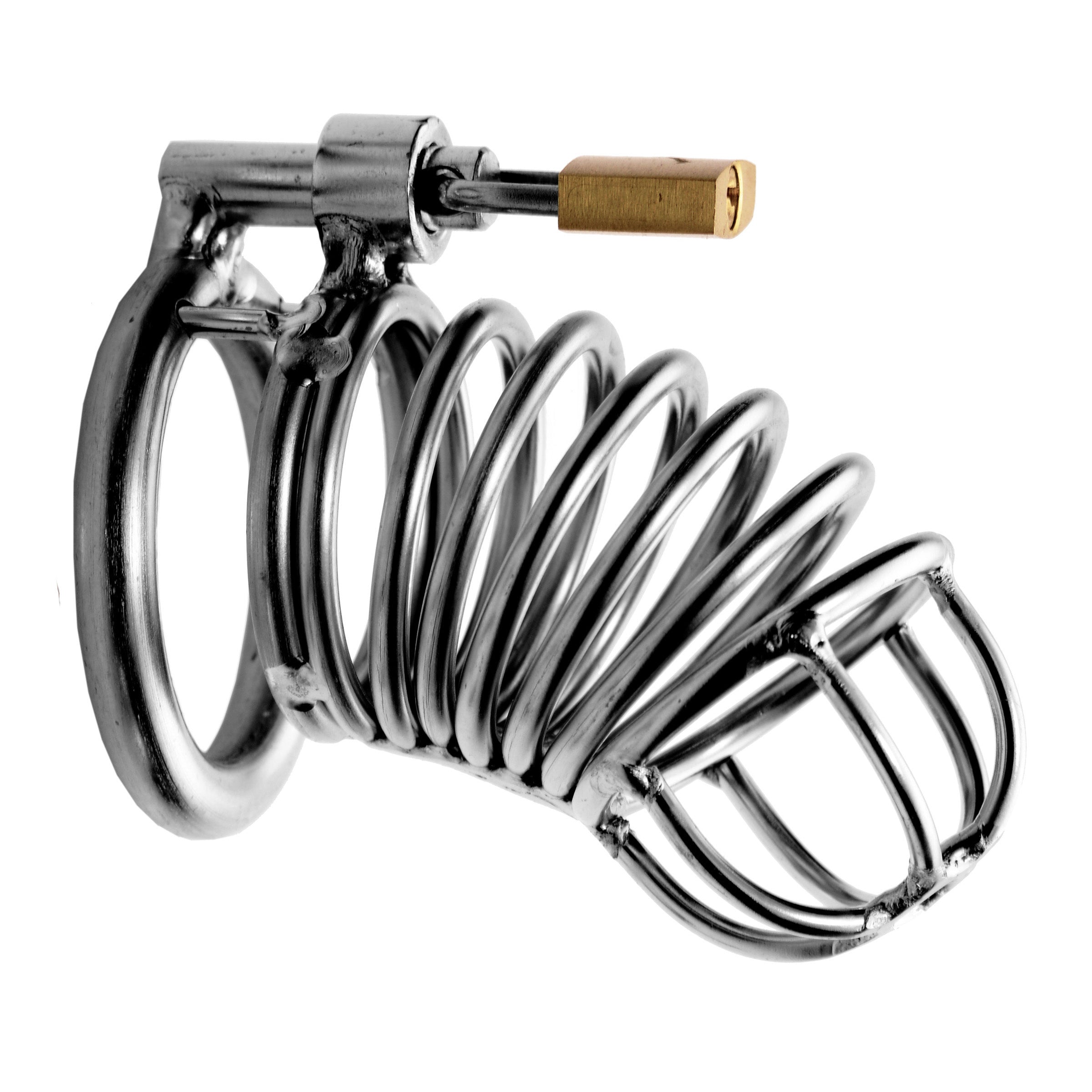 The Jail House Chastity Device made of stainless steel with adjustable rings for secure fit, designed for BDSM and power exchange.