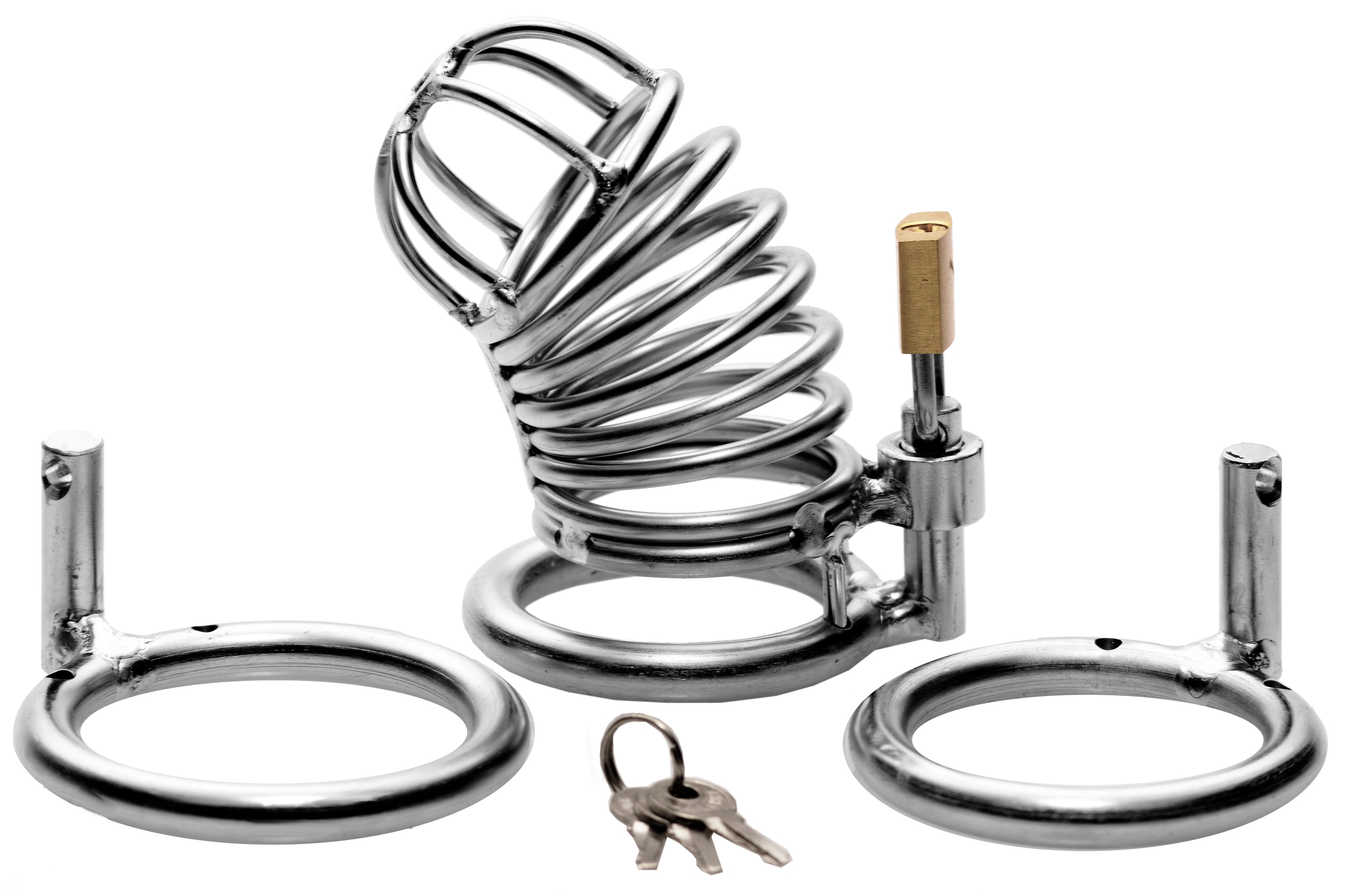 The Jail House Chastity Device made of stainless steel with adjustable rings for secure fit, designed for BDSM and power exchange.