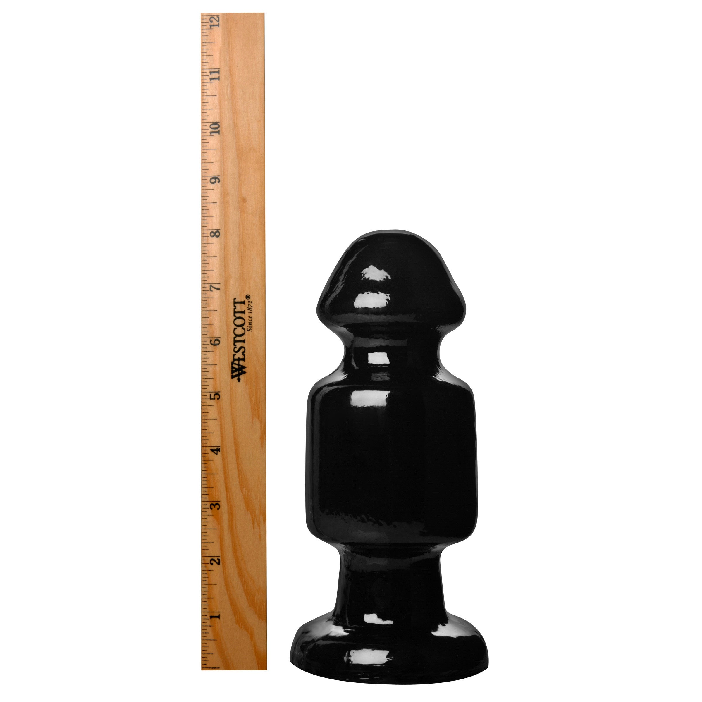 The Keg Butt Plug, a large keg-shaped anal toy made of black PVC, featuring a sturdy suction-cup base for secure mounting.