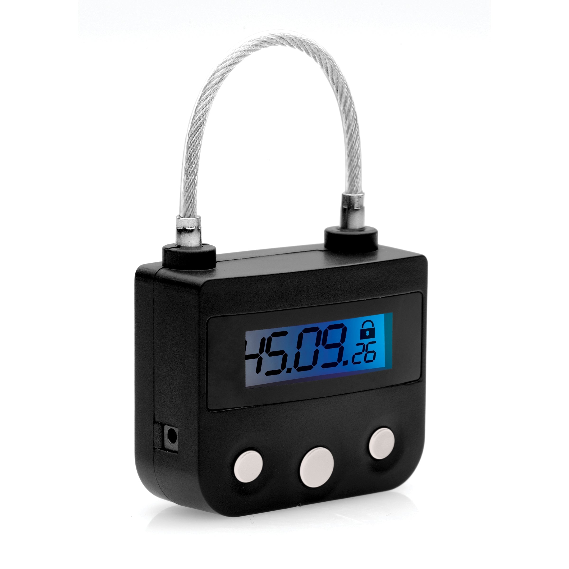 The Key Holder Time Lock, a digital lock for bondage with a sleek black design, USB charging port, and compact size.