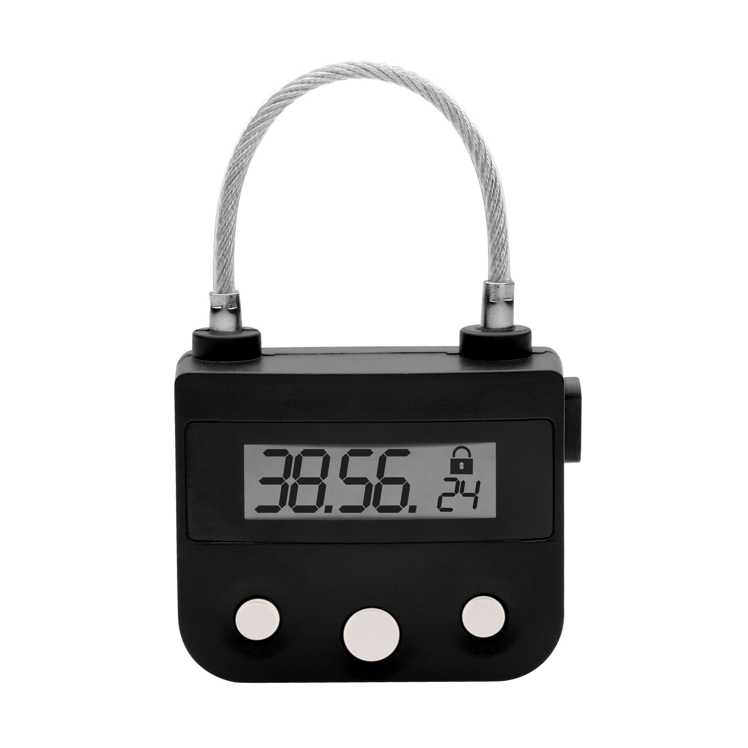 The Key Holder Time Lock, a digital lock for bondage with a sleek black design, USB charging port, and compact size.