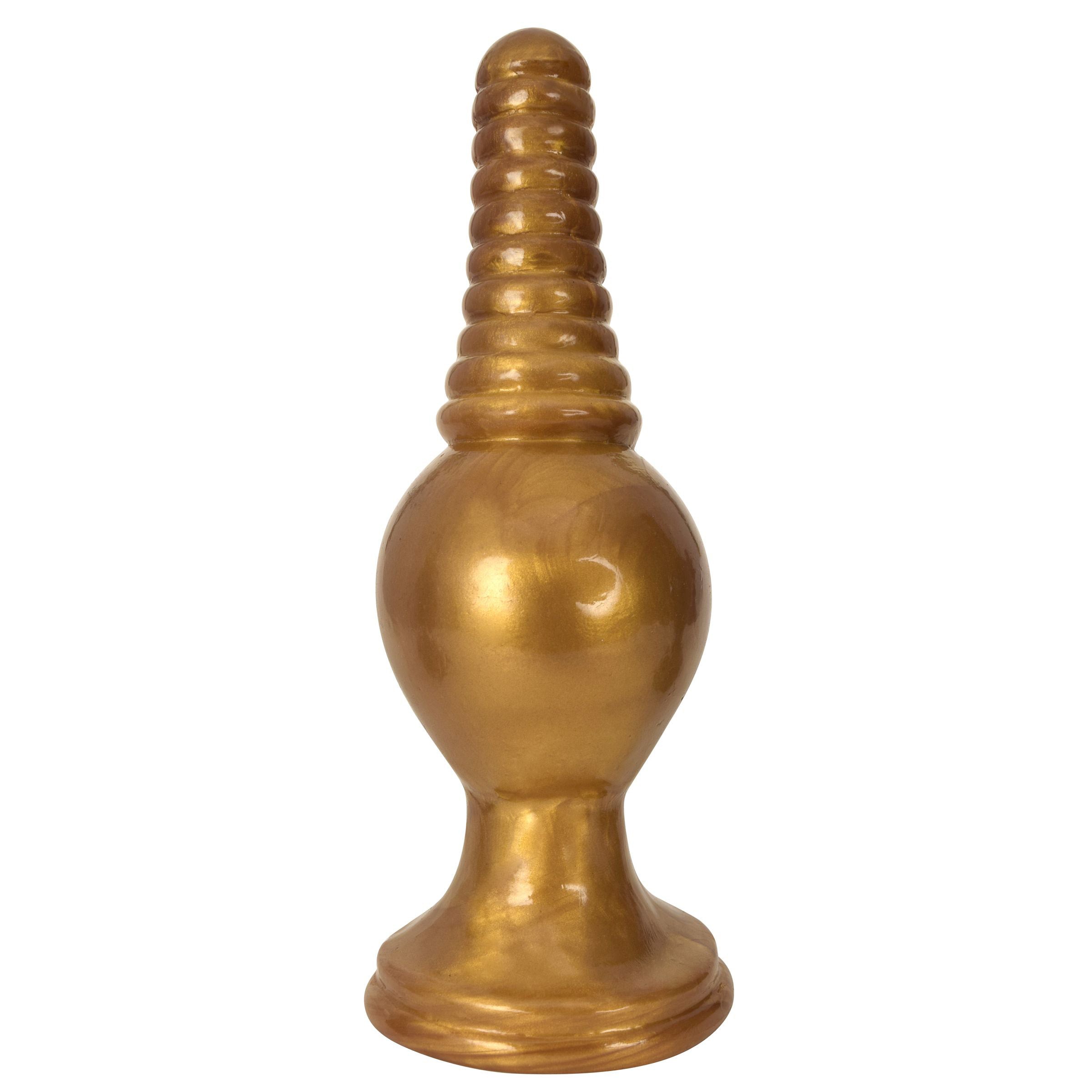 The King Ribbed Tip Anal Plug in gold, featuring a ribbed design and flared suction cup base for stability.