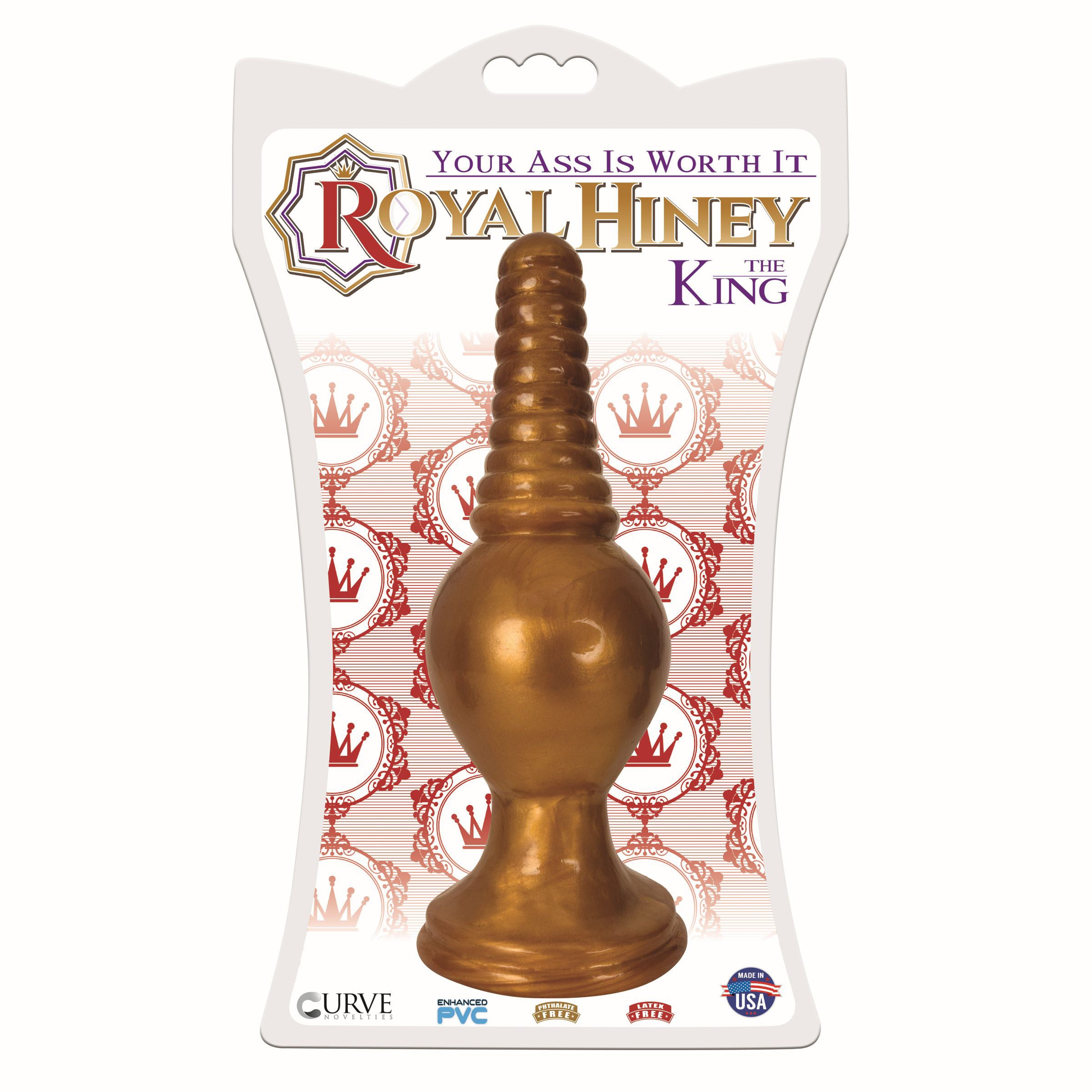 The King Ribbed Tip Anal Plug in gold, featuring a ribbed design and flared suction cup base for stability.