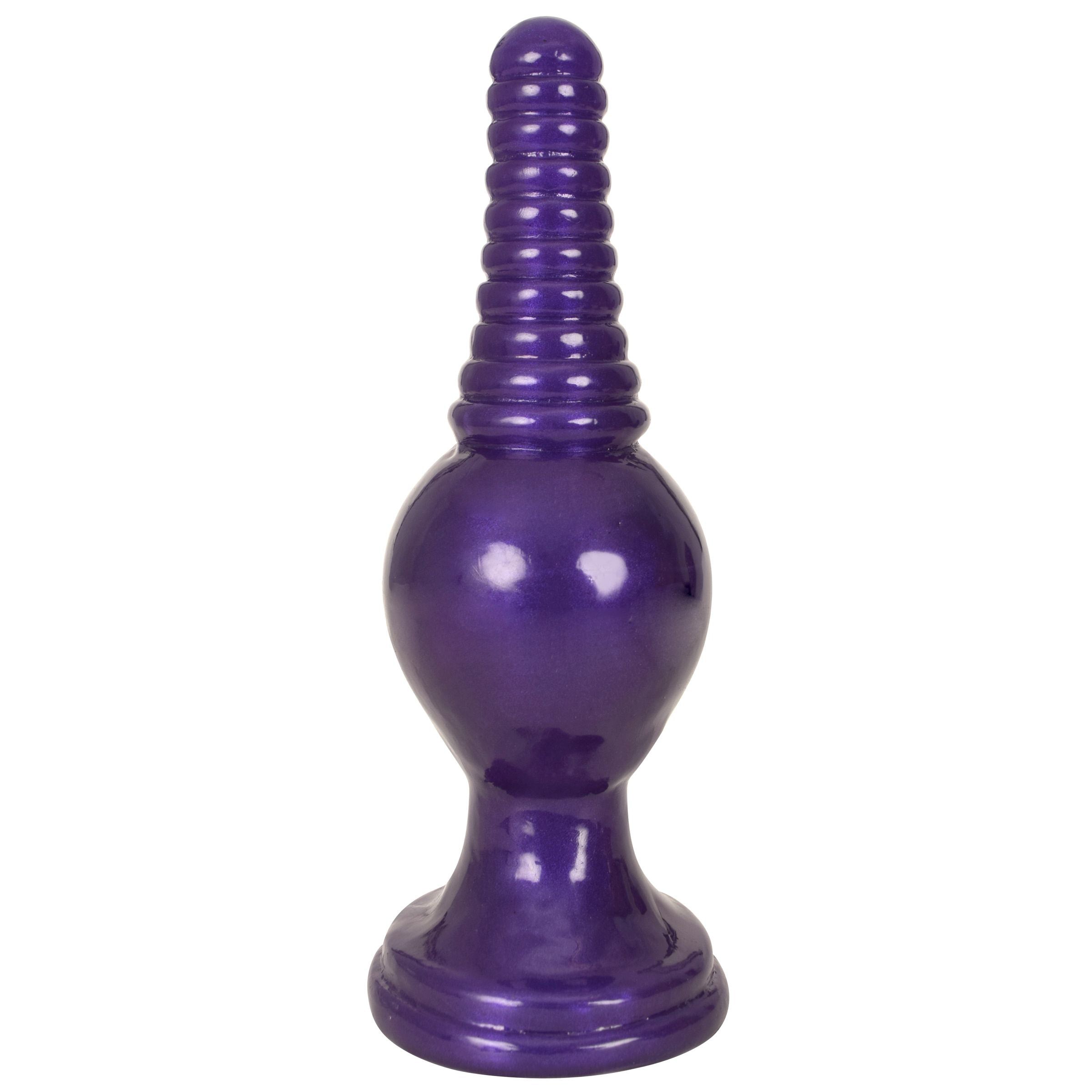 The King Ribbed Tip Anal Plug in purple with ribbed texture and flared suction cup base, designed for anal stimulation.