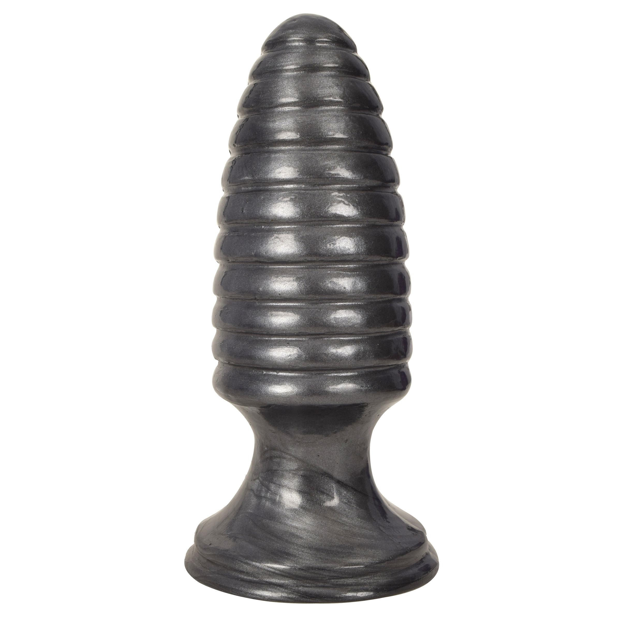 The Marshal Anal Plug in black with ribbed design and flared suction cup base, showcasing its tapered shape and durable material.