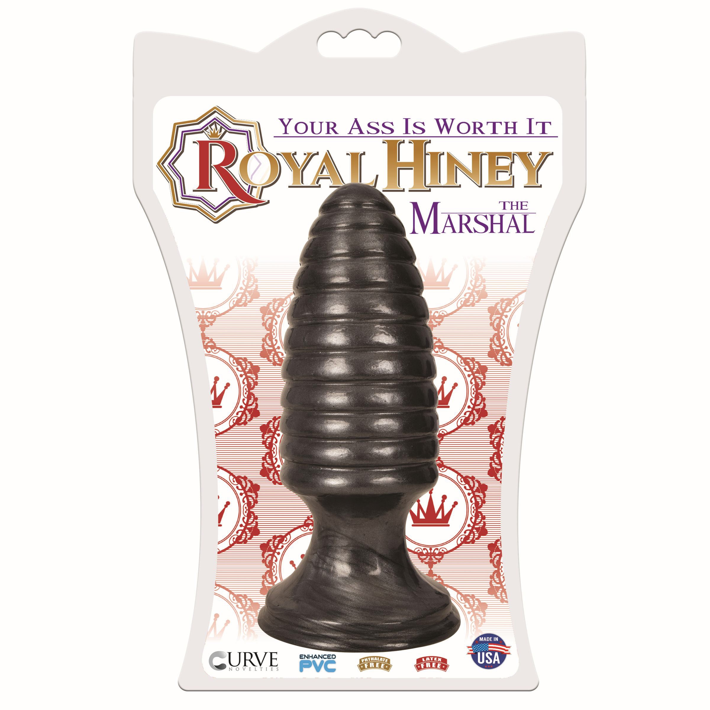 The Marshal Anal Plug in black with ribbed design and flared suction cup base, showcasing its tapered shape and durable material.