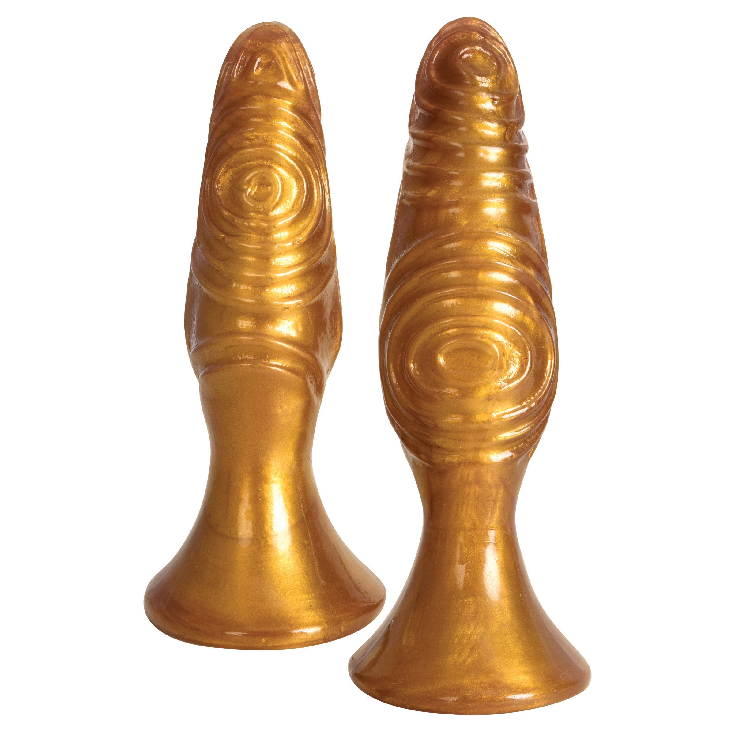 The Pawns Anal Plug - Gold, featuring two textured plugs with a flared suction cup base for stability.