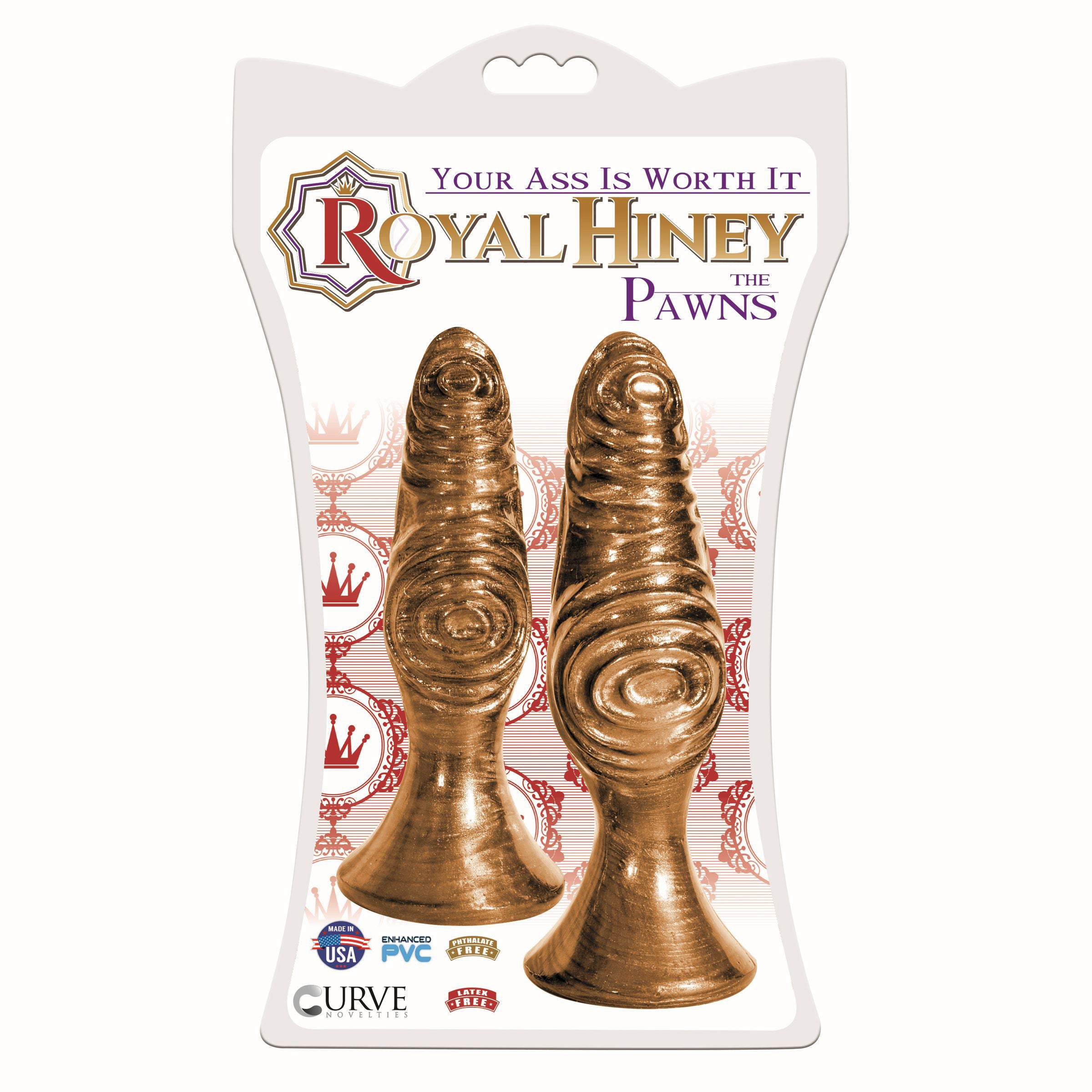 The Pawns Anal Plug - Gold, featuring two textured plugs with a flared suction cup base for stability.