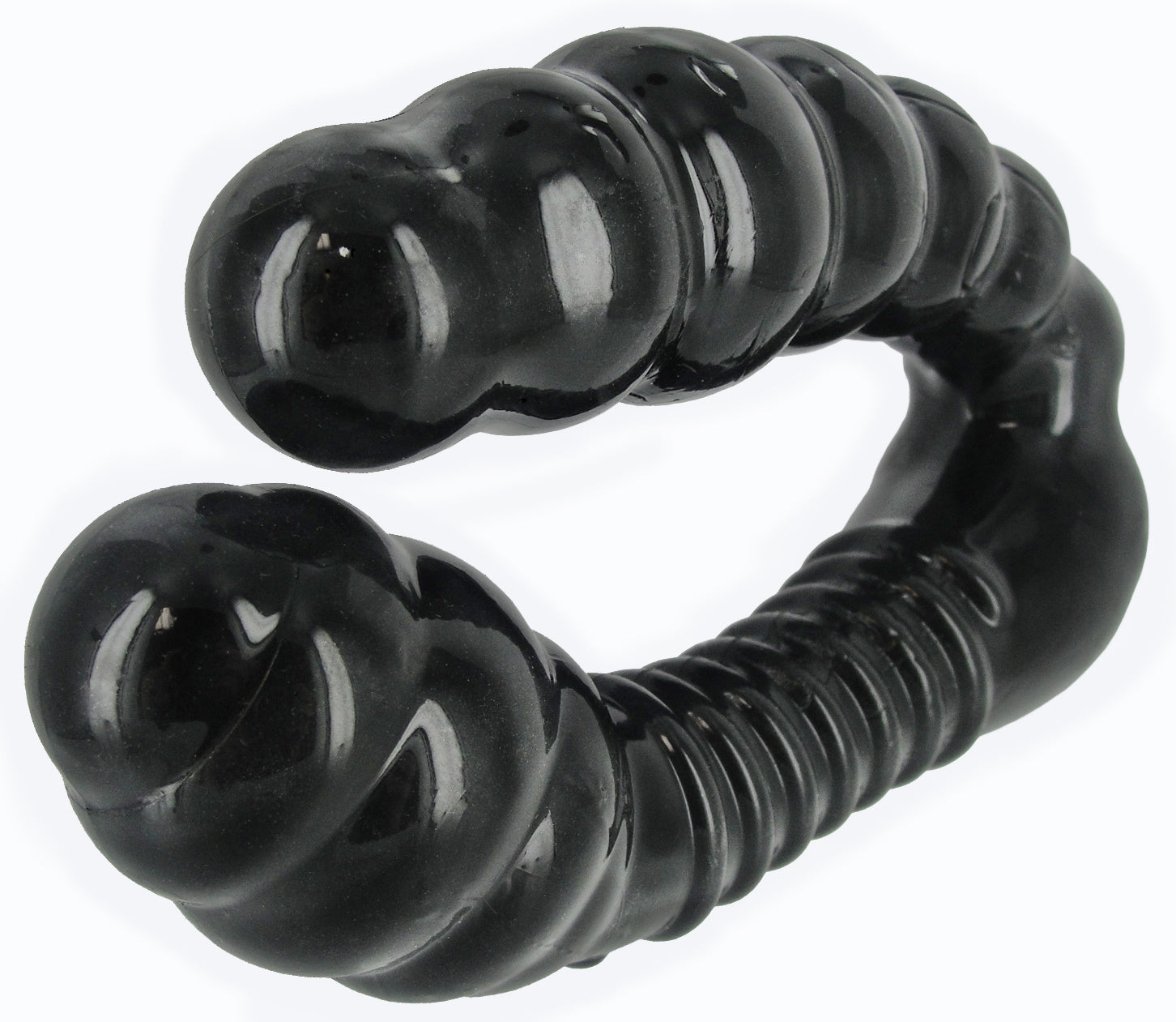 The PincHer Ribbed G-Spot Dildo in sleek black, featuring ribbed texture and angled tip for G-spot stimulation.