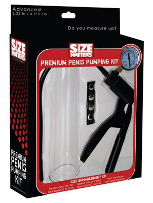 The Premium Pumping Kit, Small featuring a hand pump, vacuum cylinder, and leather cock strap for enhanced sexual performance.