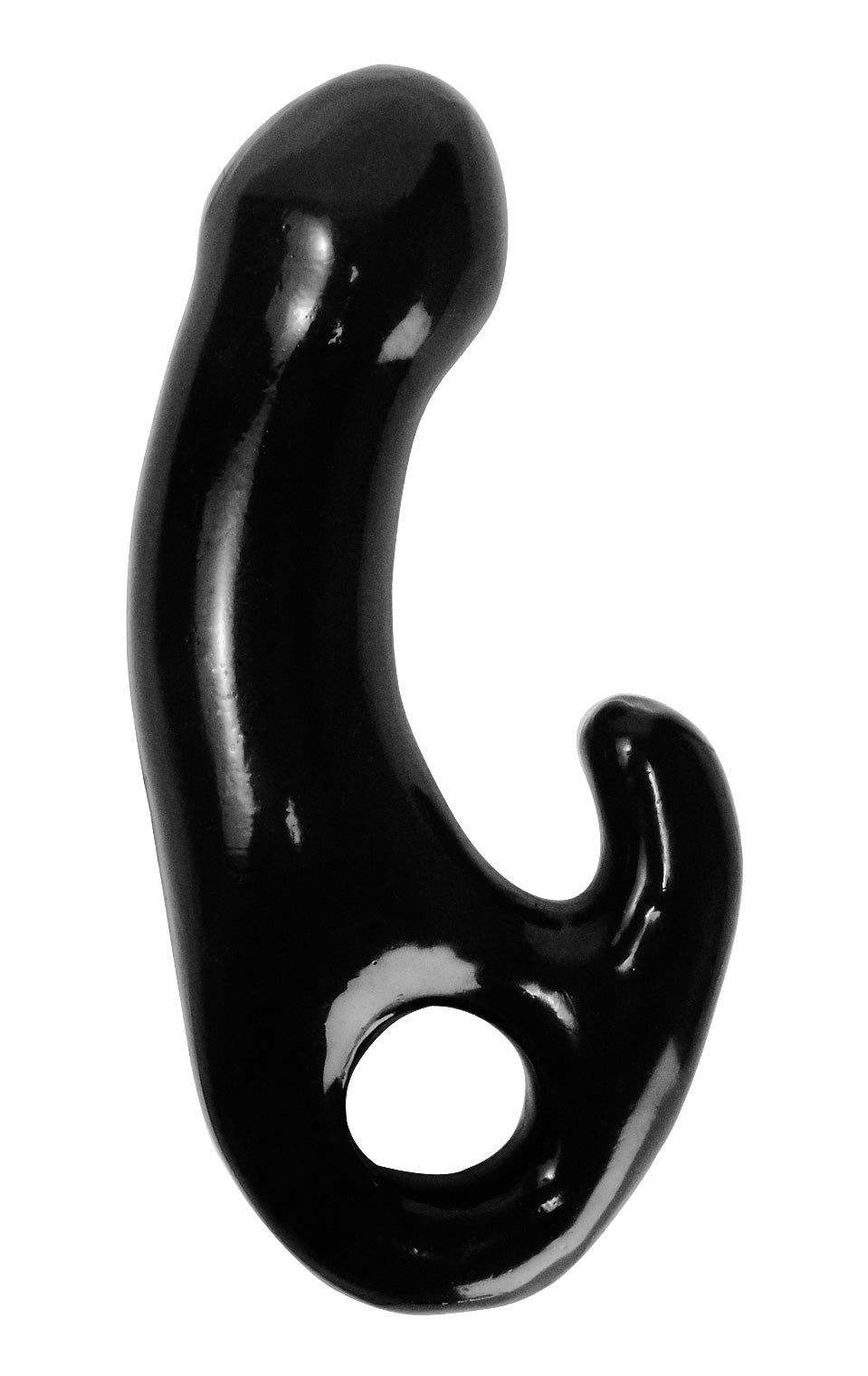 The P-Spot Dong, a black prostate stimulation tool with a curved shaft and external nub for enhanced pleasure.