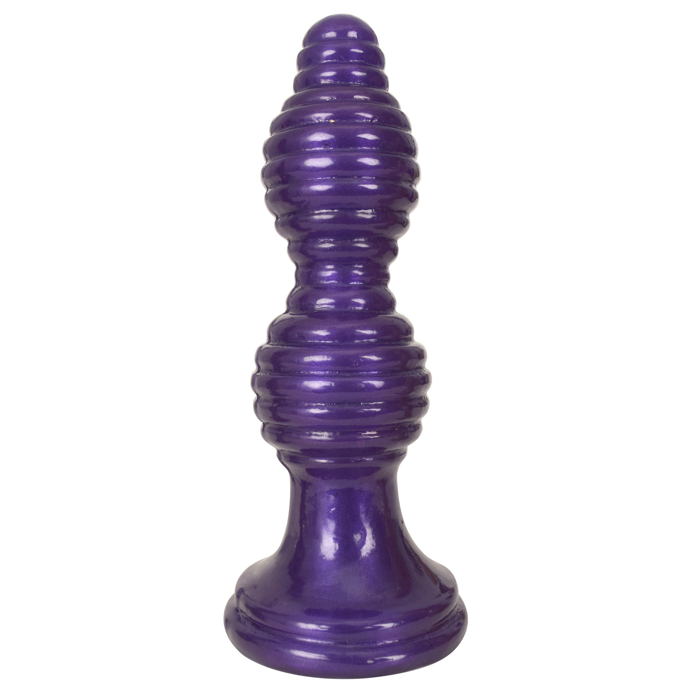 The Queen Ribbed Anal Plug in purple with thick ribbed texture and flared suction cup base for secure use.