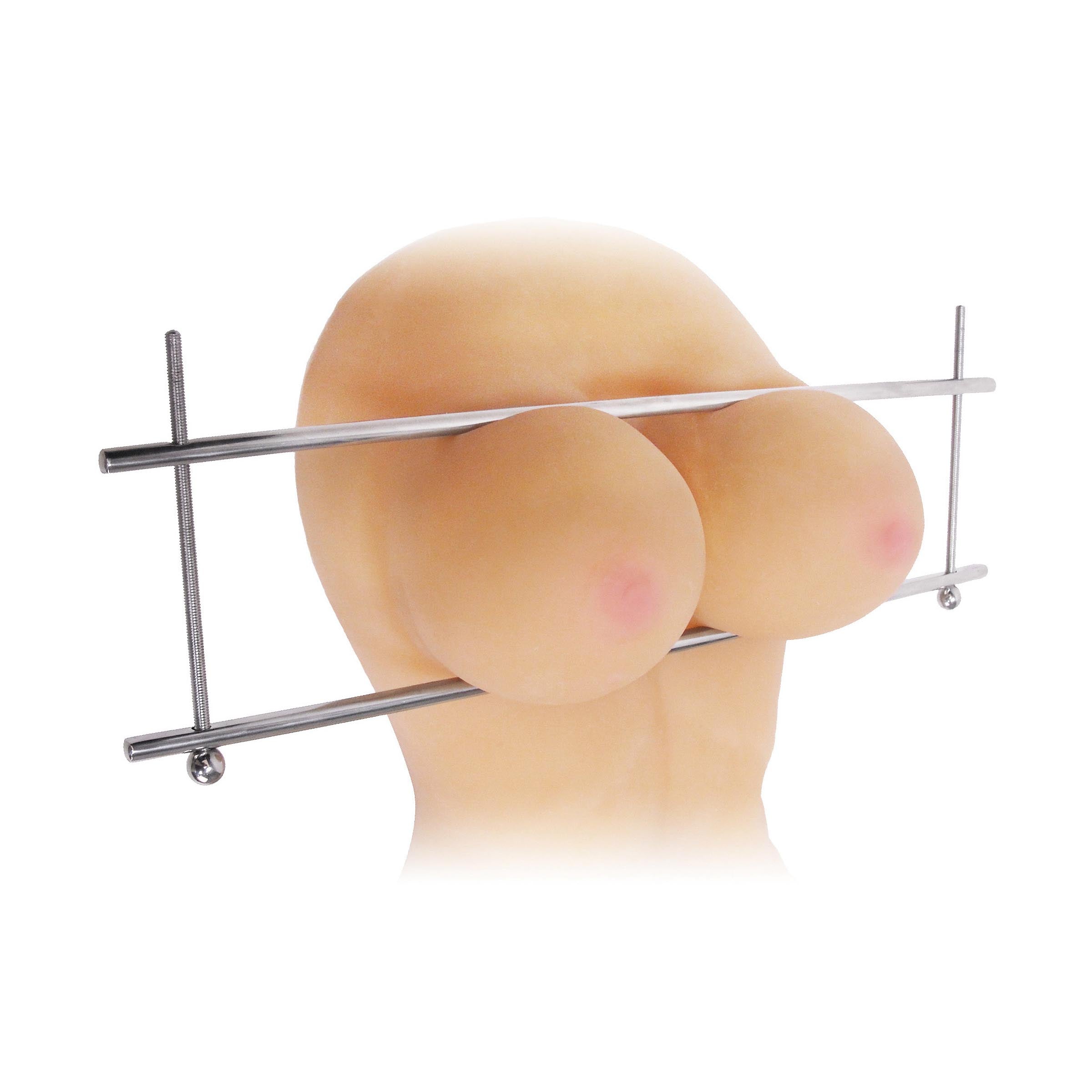 The Rack Compactor, a stainless steel BDSM device designed for breast and ball torment, featuring adjustable crossbars for customizable pressure.