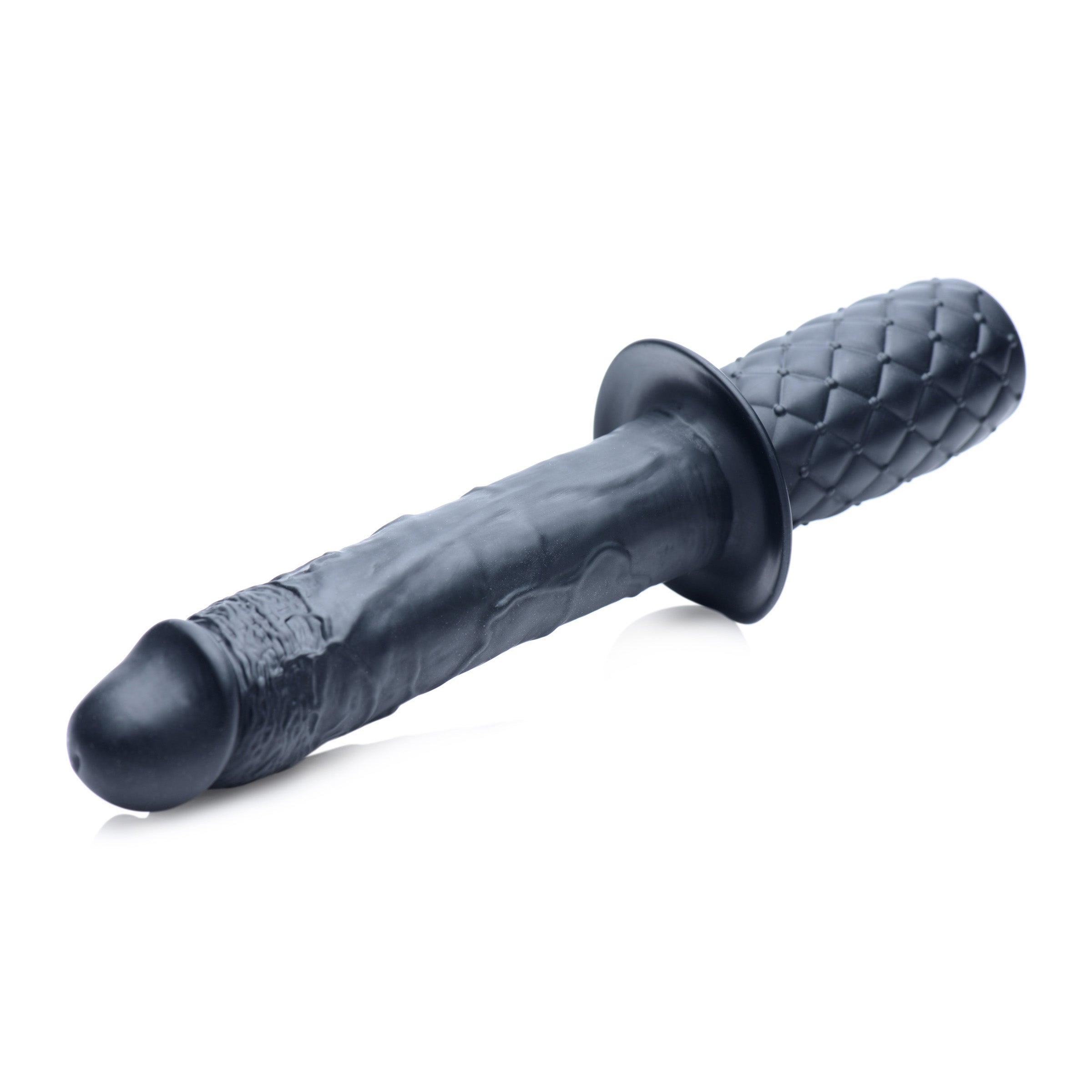 The Real 10X Silicone Vibrating Thruster in black, featuring a realistic veiny design and textured hilt for enhanced pleasure.