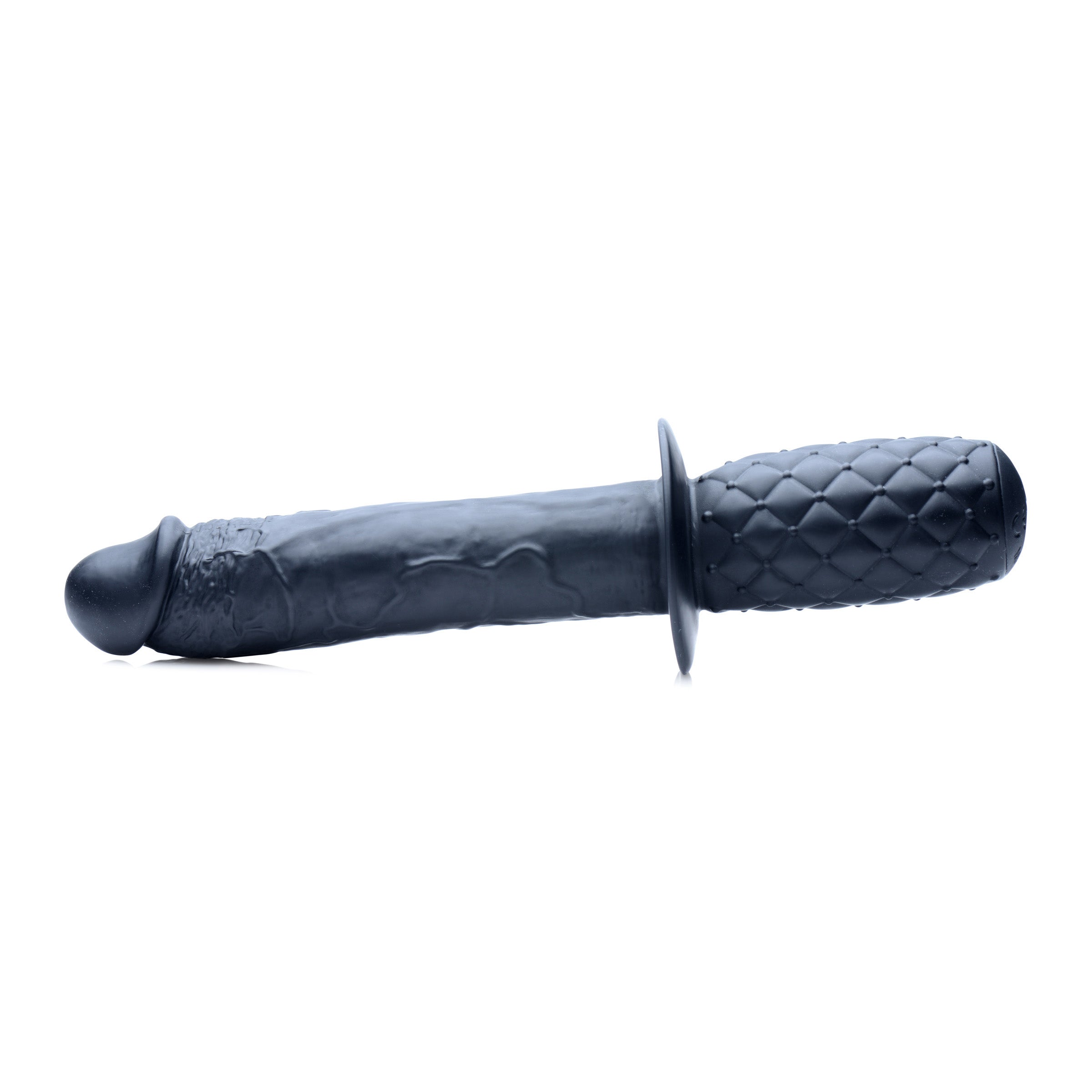 The Real 10X Silicone Vibrating Thruster in black, featuring a realistic veiny design and textured hilt for enhanced pleasure.