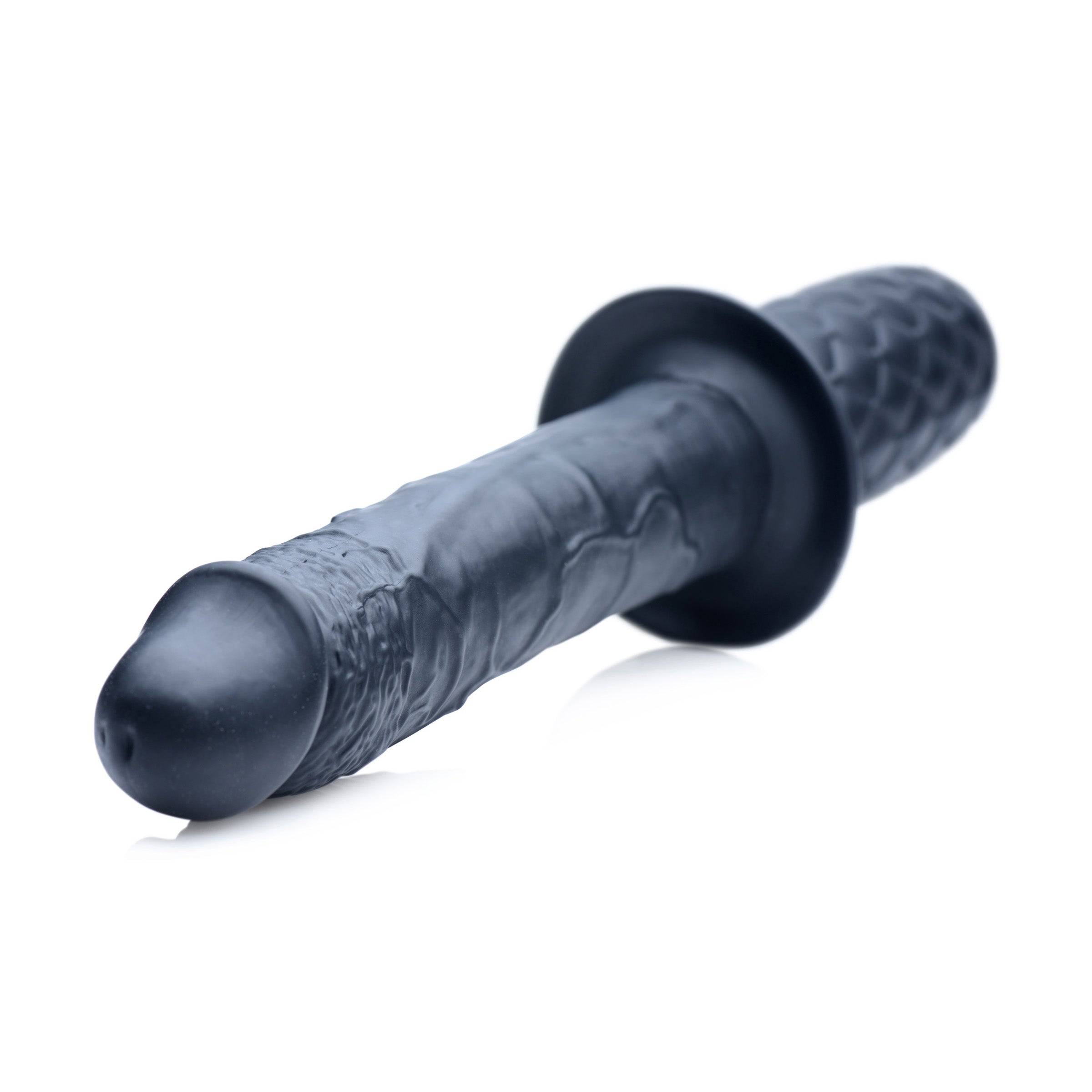 The Real 10X Silicone Vibrating Thruster in black, featuring a realistic veiny design and textured hilt for enhanced pleasure.