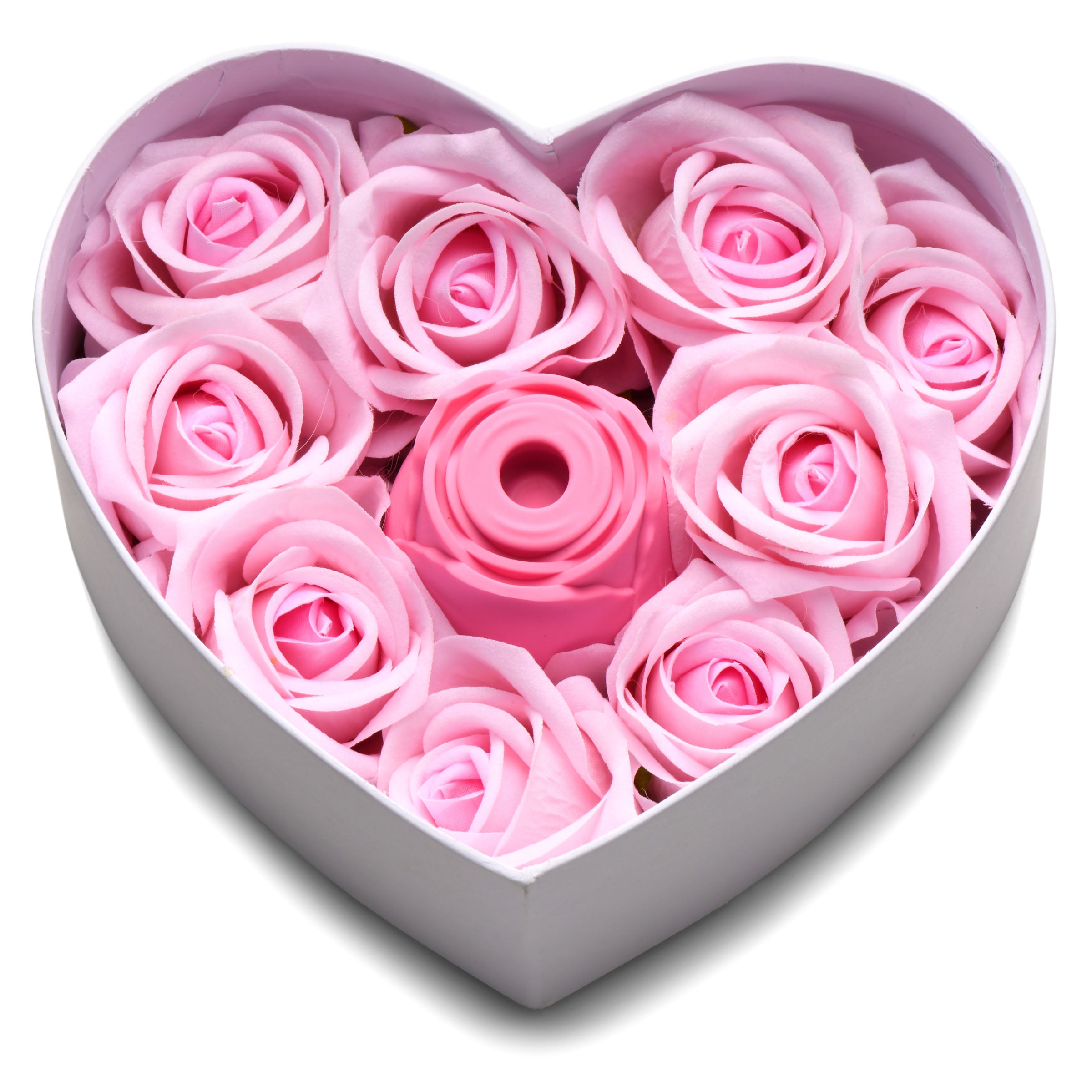 The Rose Lover's Gift Box - Pink featuring a clit stimulator surrounded by decorative roses in a heart-shaped box.