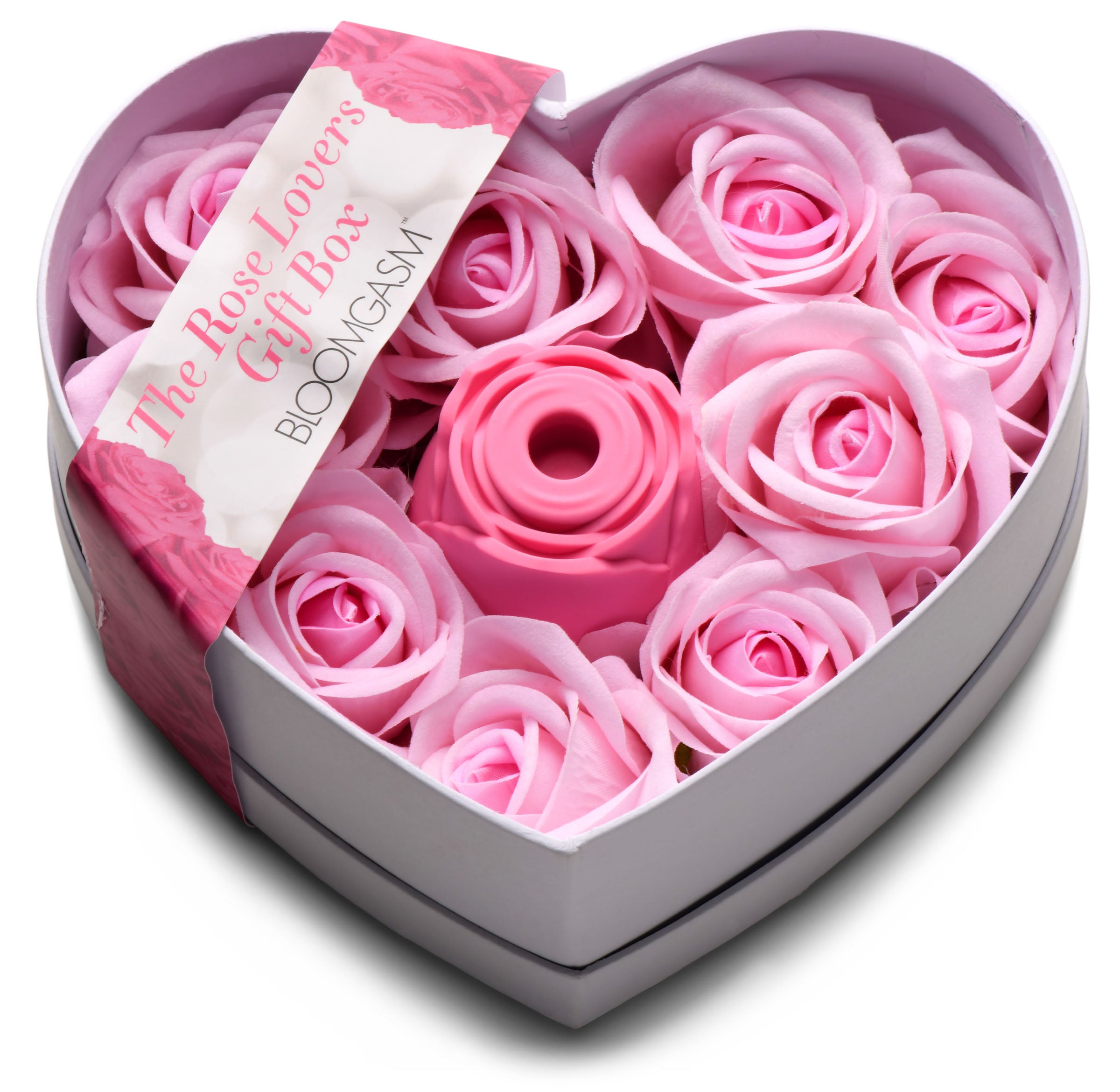 The Rose Lover's Gift Box - Pink featuring a clit stimulator surrounded by decorative roses in a heart-shaped box.