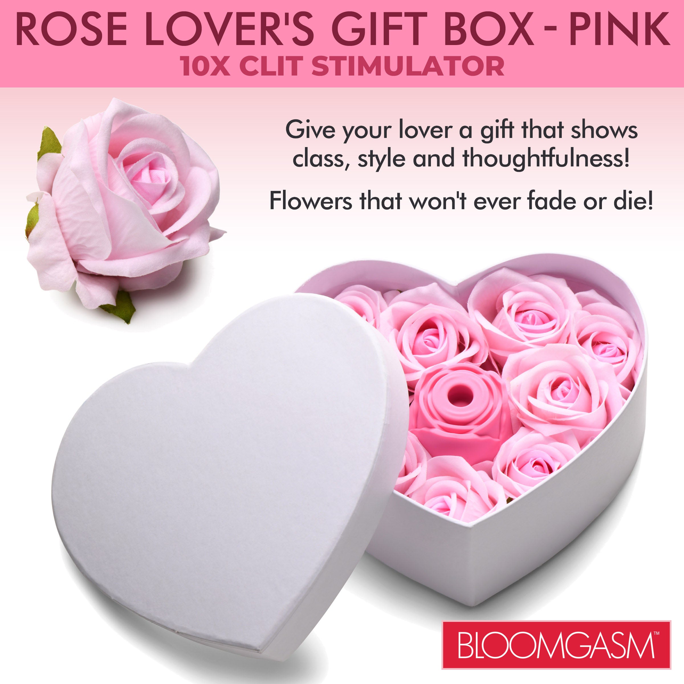 The Rose Lover's Gift Box - Pink featuring a clit stimulator surrounded by decorative roses in a heart-shaped box.